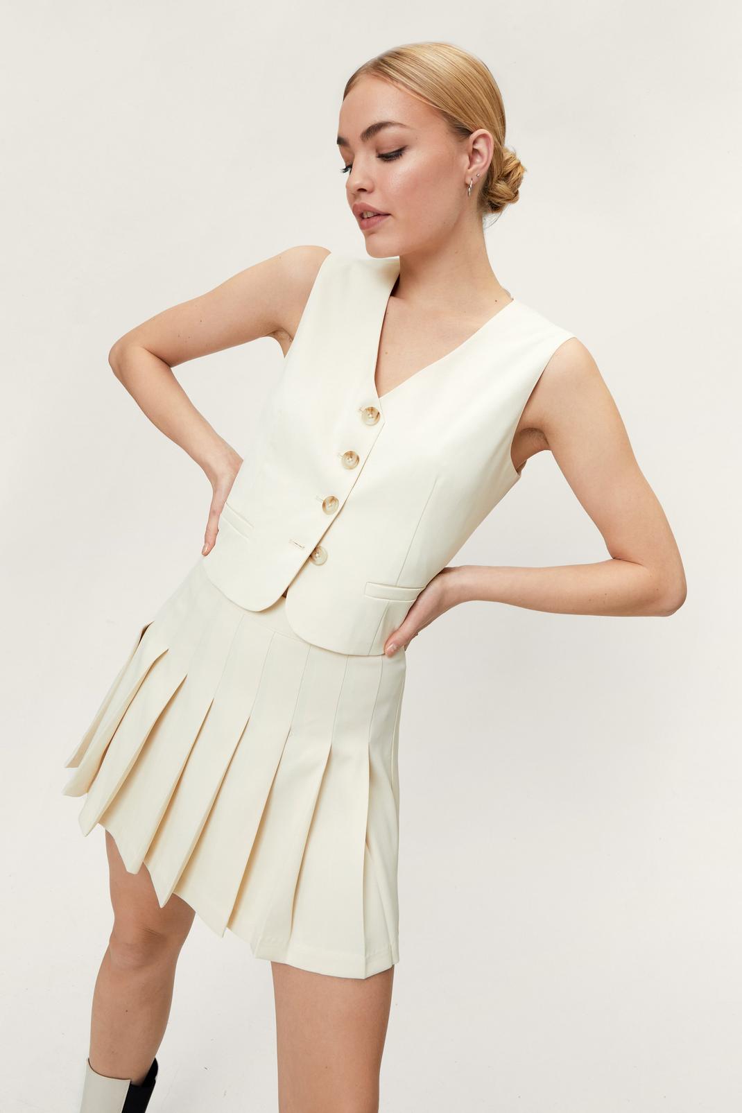 Ecru Fitted High Waisted Pleated Tennis Skirt image number 1