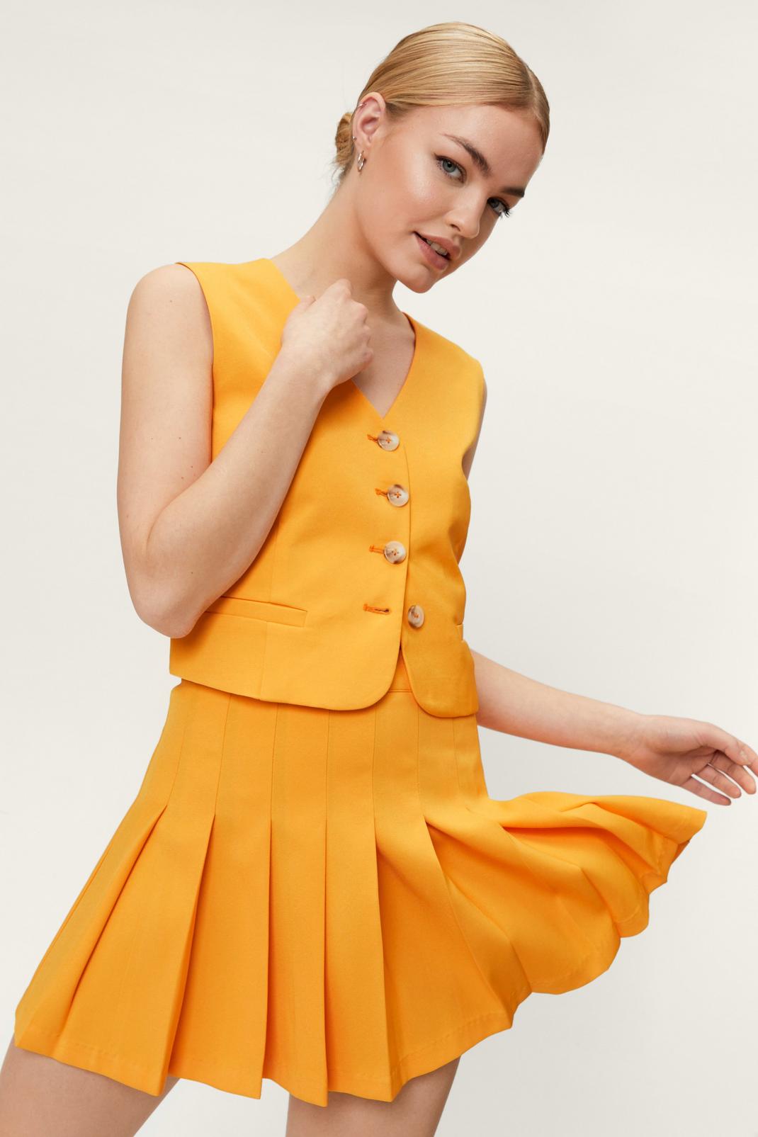 Orange Fitted High Waisted Pleated Tennis Skirt image number 1