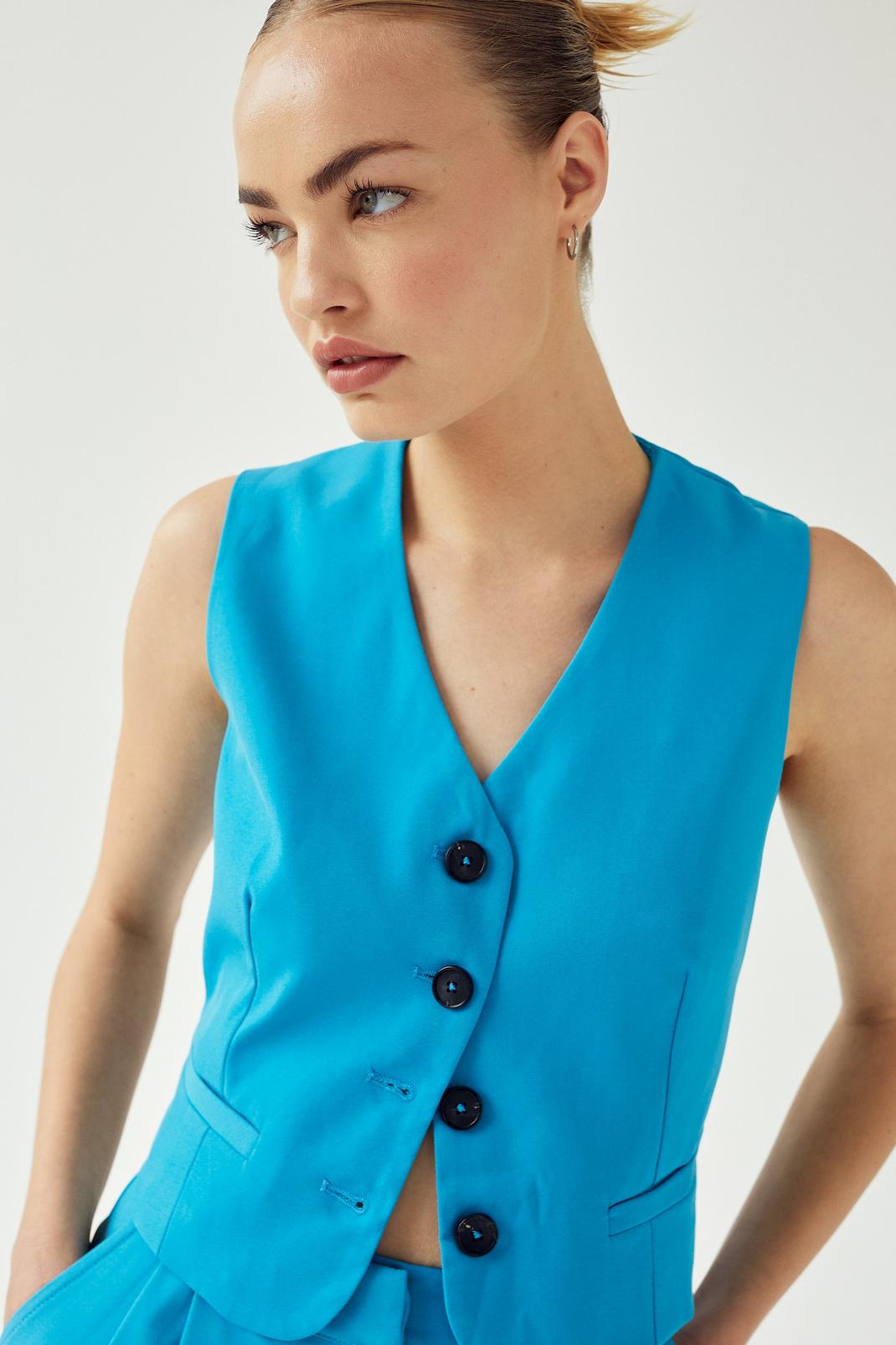 Blue Cropped Tailored Button Down Vest image number 1