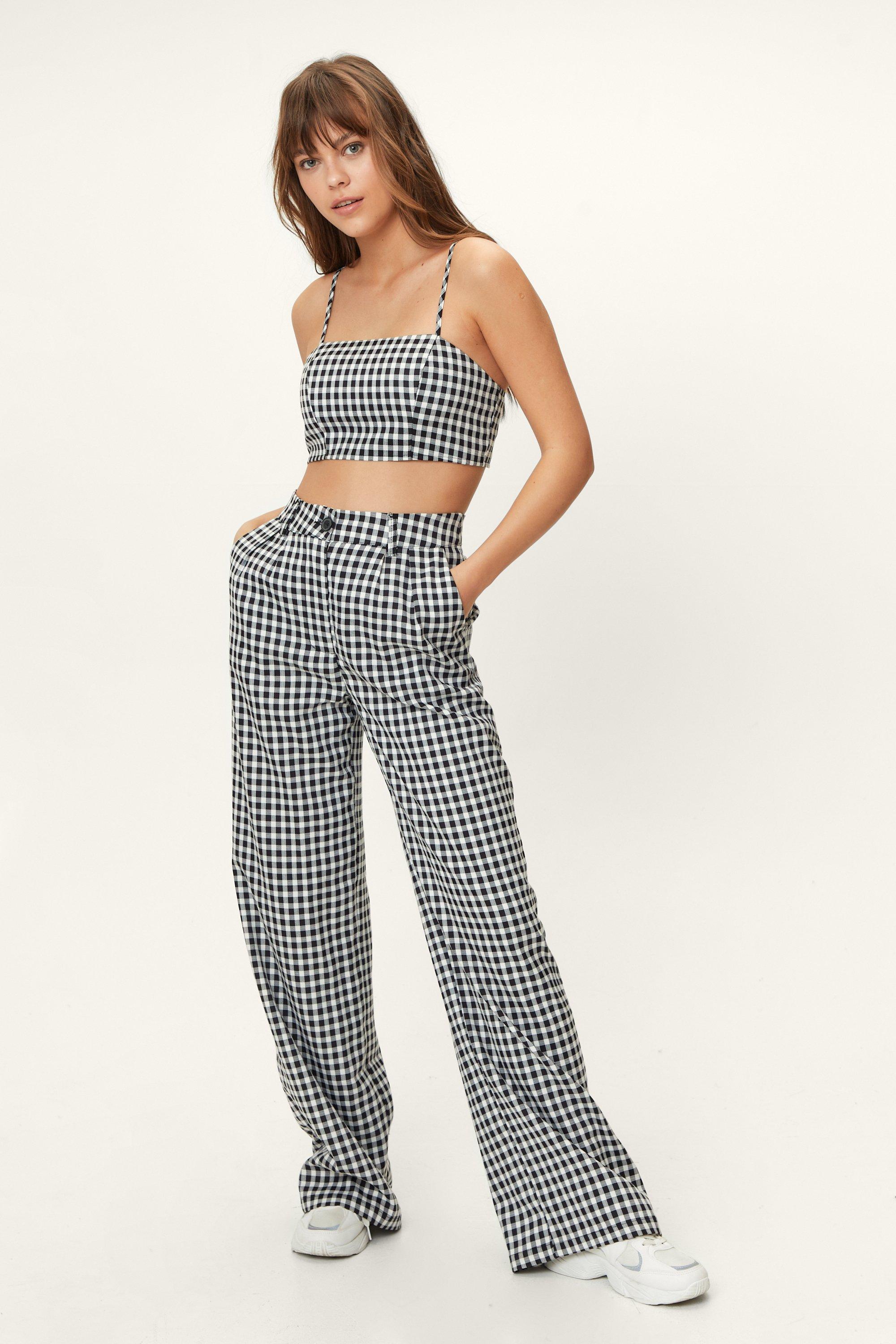 Gingham Pleat Detail Tailored Wide Leg Pants