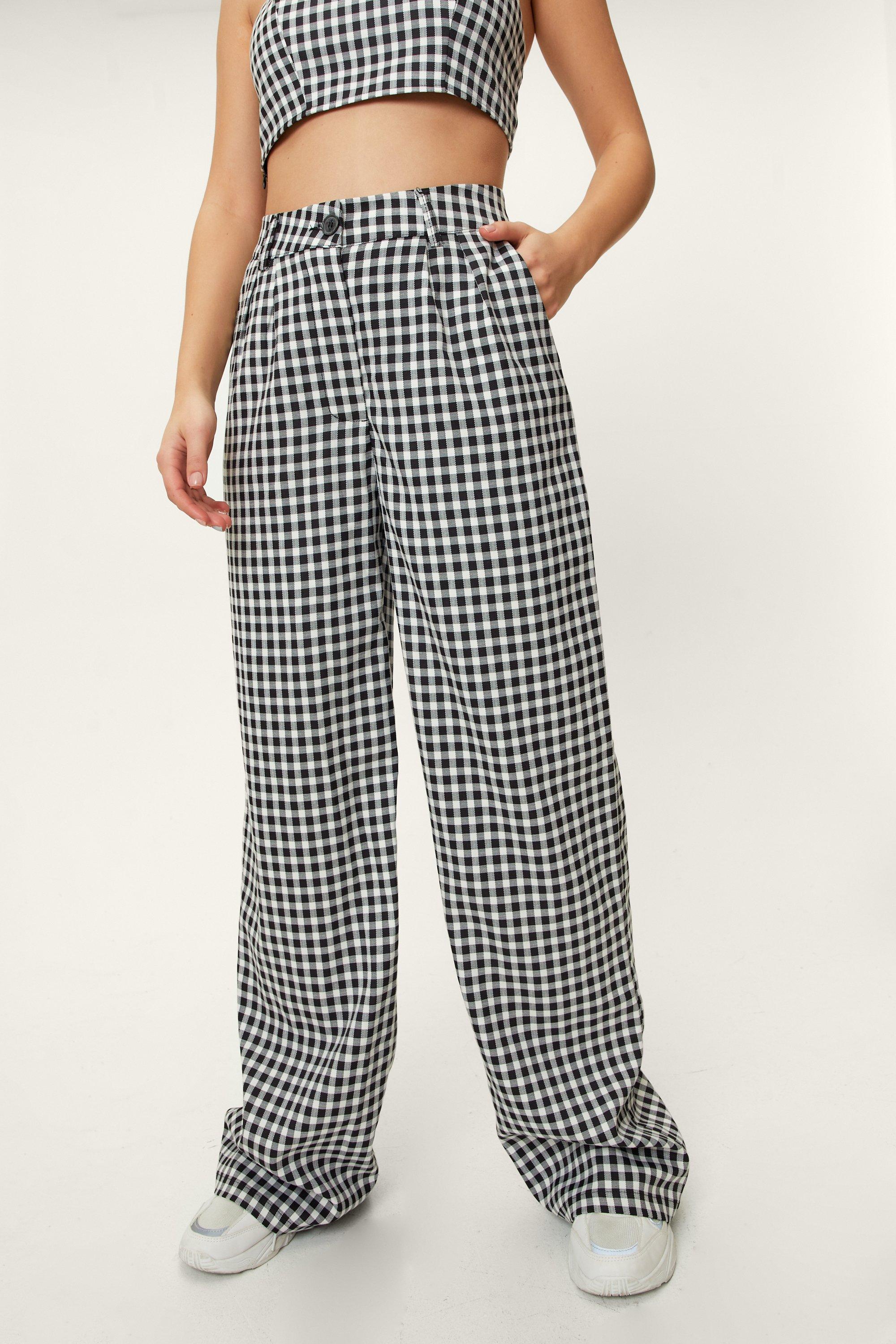 Gingham Pleat Detail Tailored Wide Leg Pants