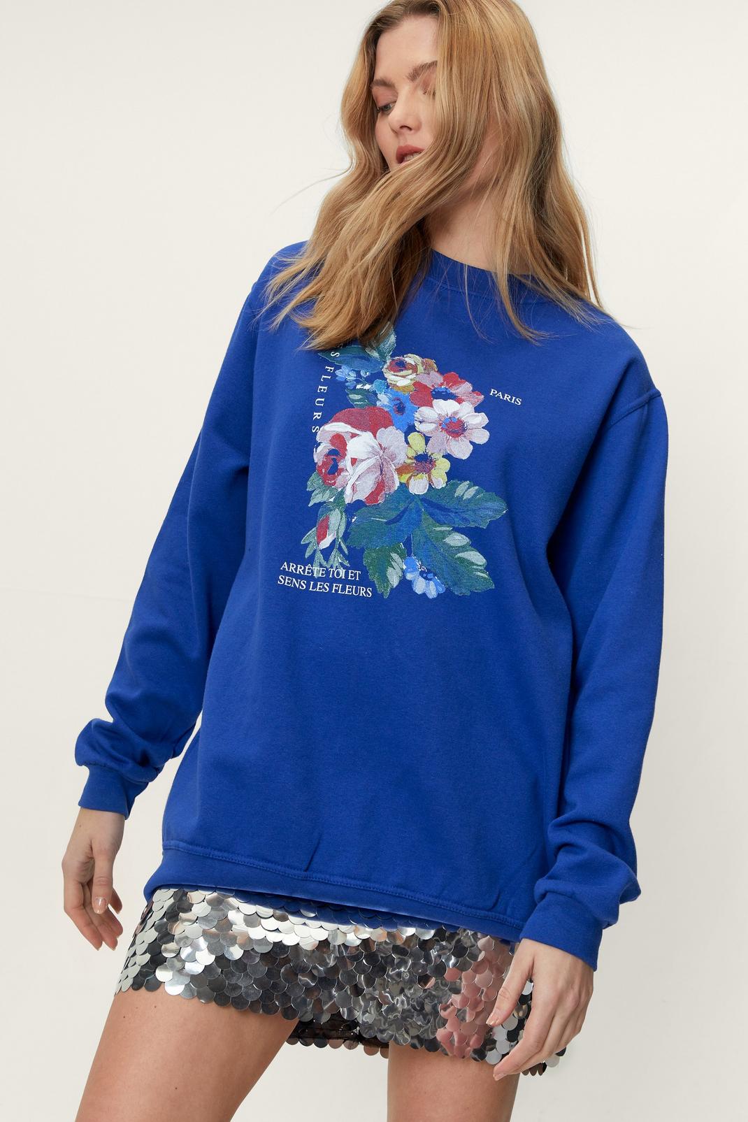 Blue Floral Graphic Oversized Sweatshirt image number 1