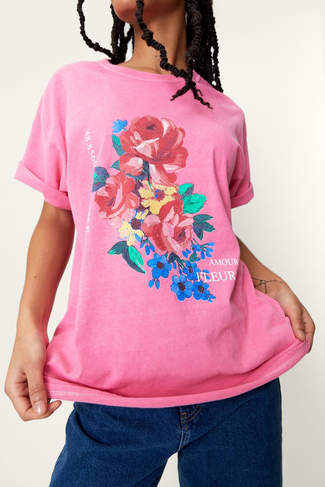 Pink Petite Floral Graphic Oversized T-Shirt image number 1