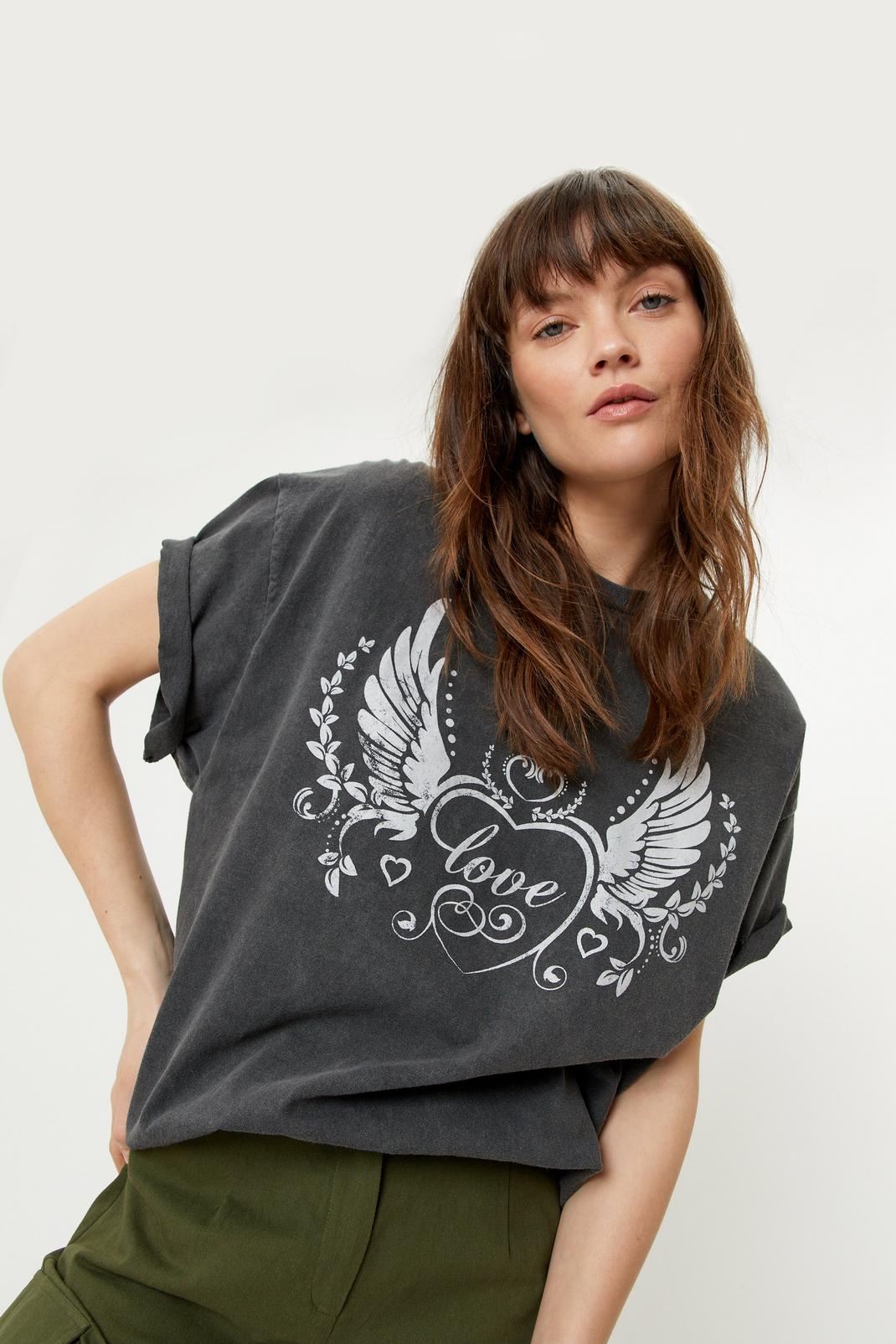 T-Shirt oversize imprimé graphique Love, Charcoal image number 1