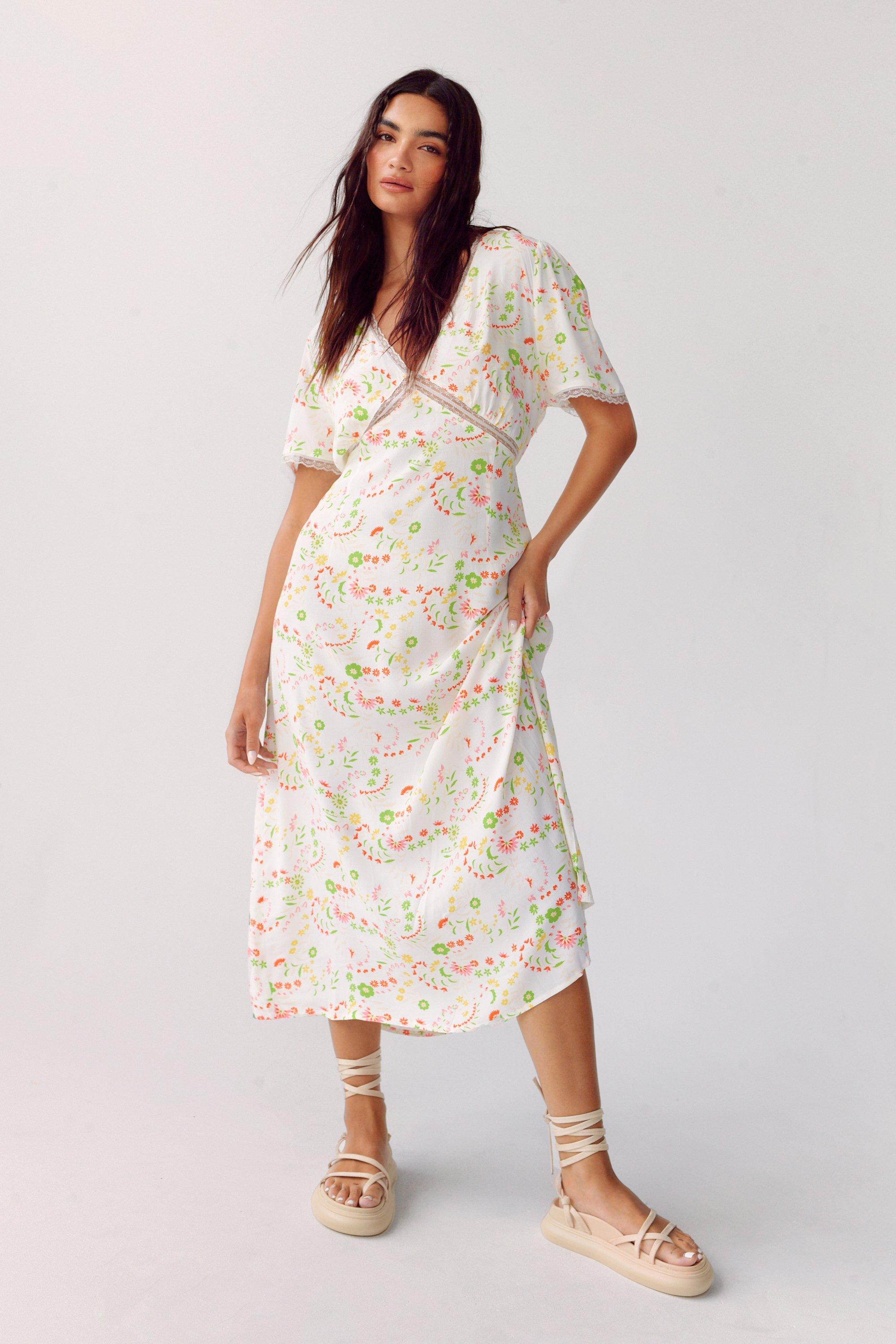 Floral Print Lace Trim Tea Dress Nasty Gal