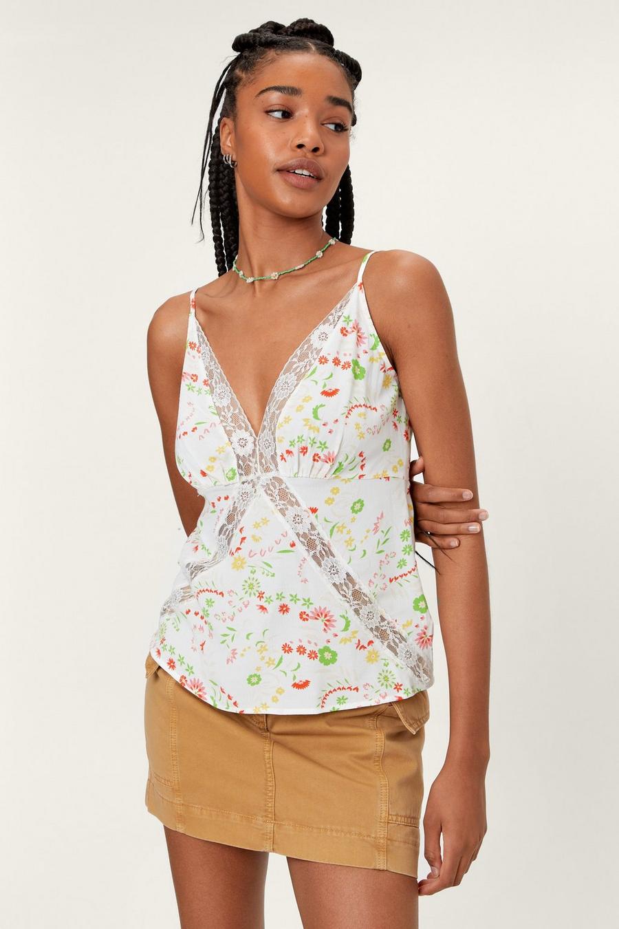 Floral Print Lace Insert Cami Top
