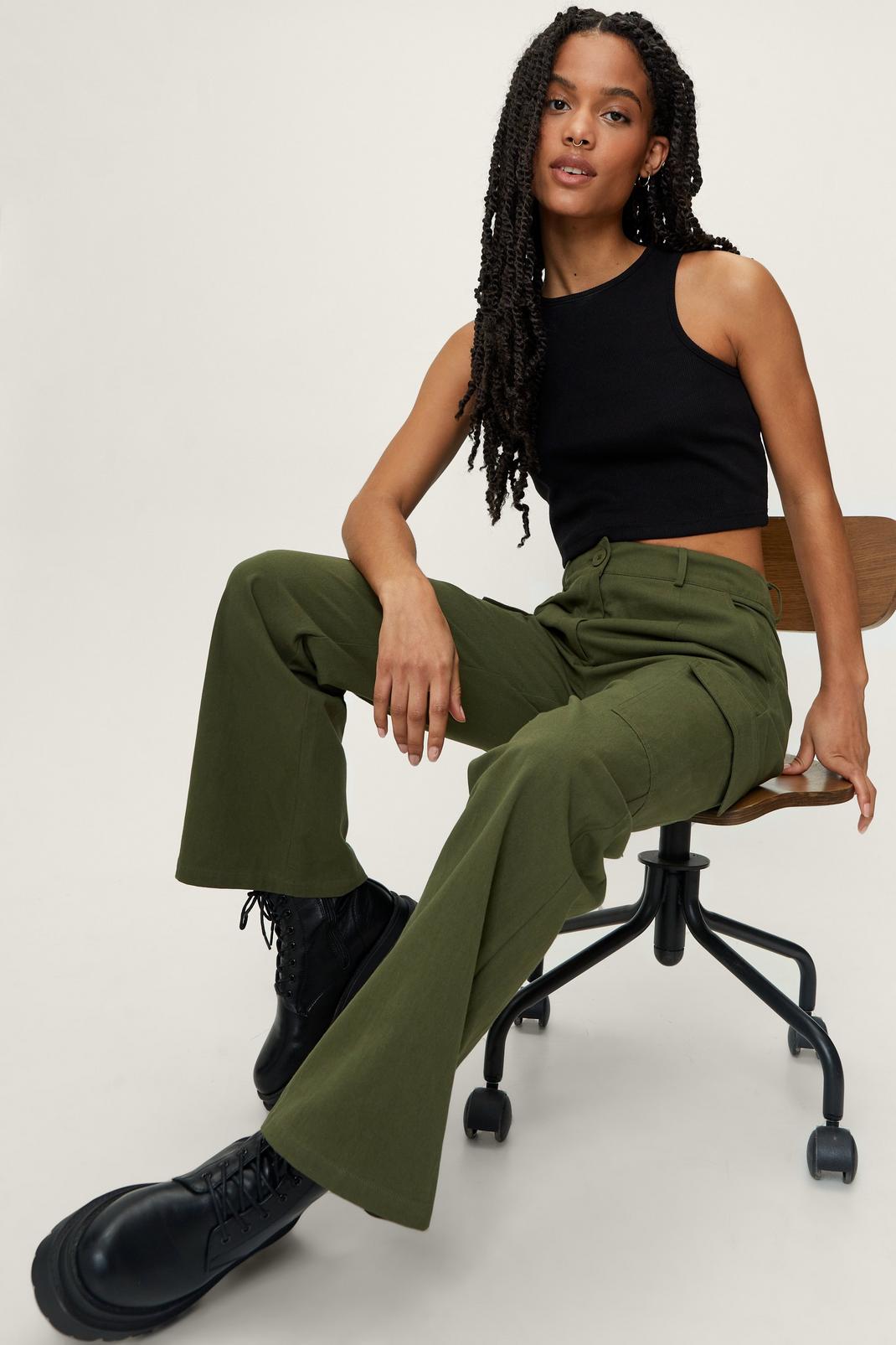 Olive Petite Twill Pocket Detail Wide Leg Trousers image number 1