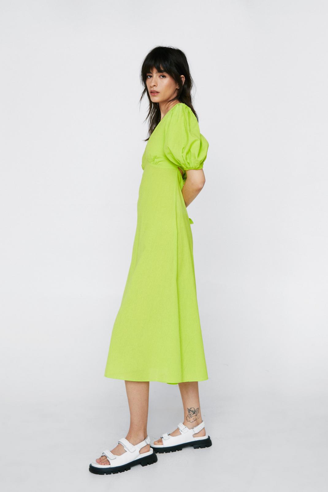 Green Linen Open Back V Neck Midi Dress image number 1