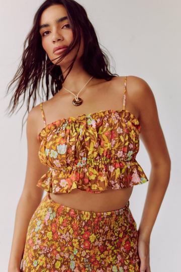 Yellow Linen Floral Strappy Crop Top