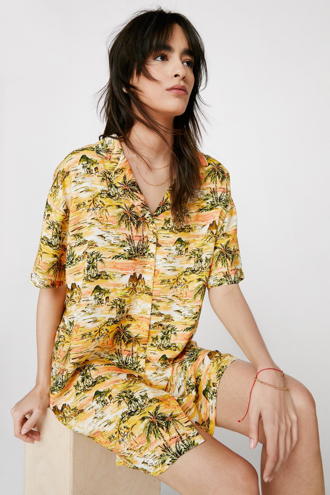 Yellow Loose Fit Hawaiian Print Shirt Mini Dress image number 1