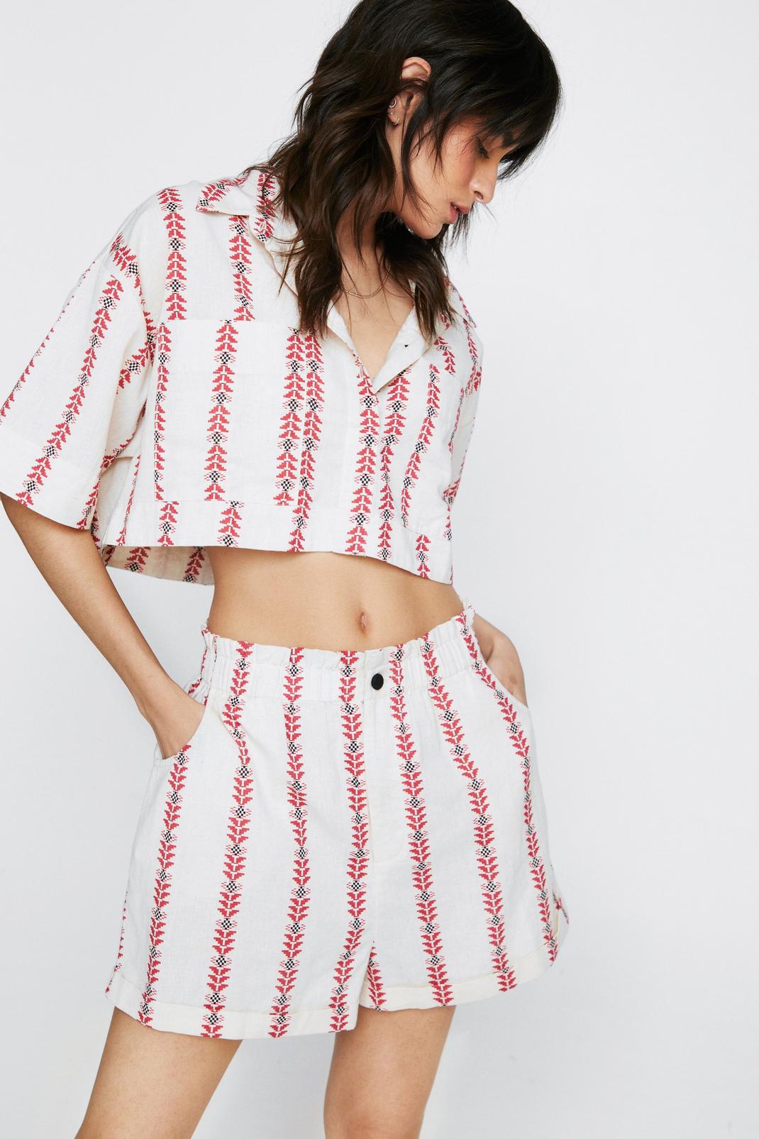 Ecru Linen Aztec Two Piece Striped Cropped Shirt image number 1