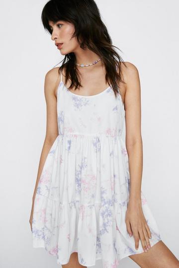 White Tie Dye Strappy Smock Tier Mini Dress