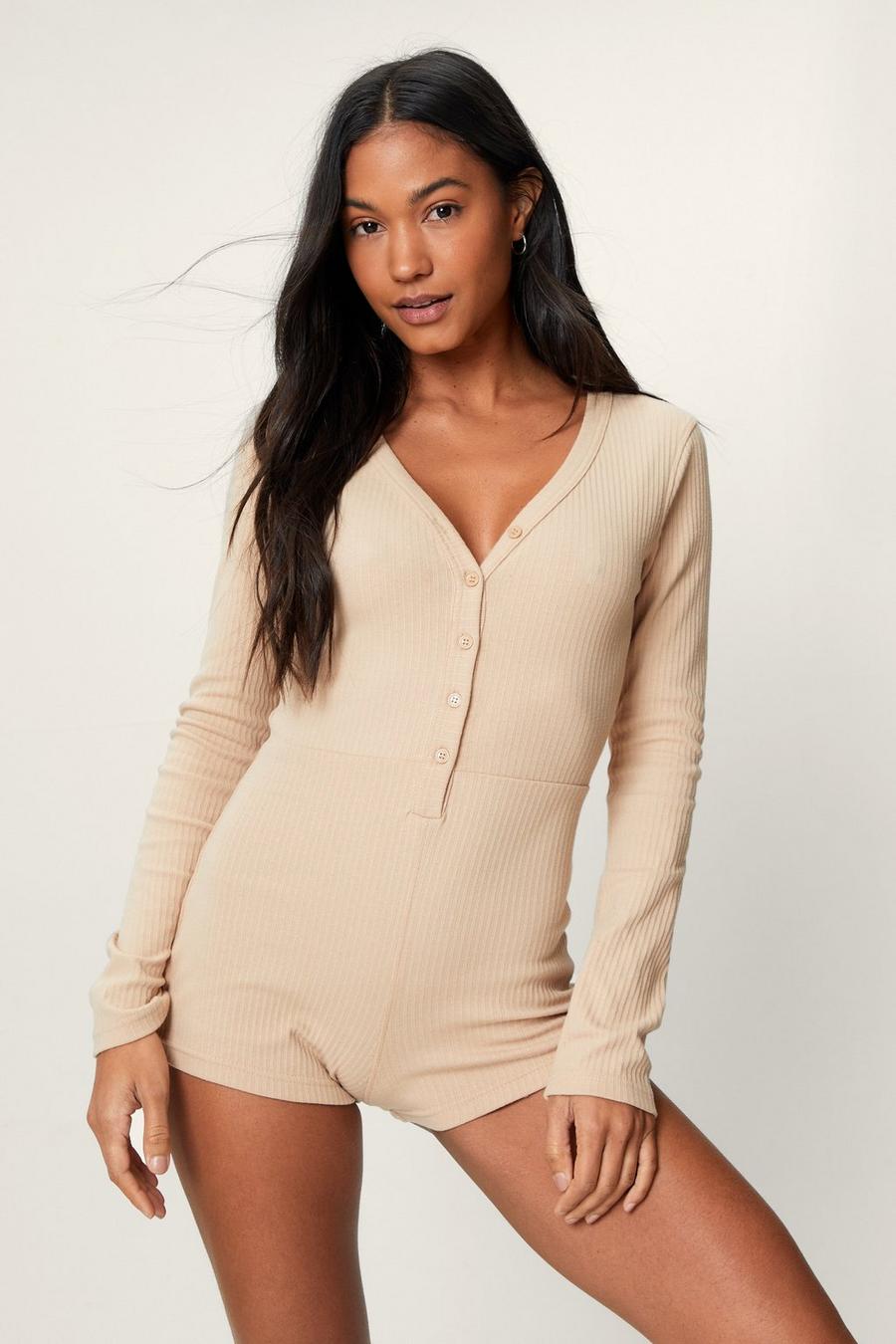 Ribbed Long Sleeve Button Through Romper