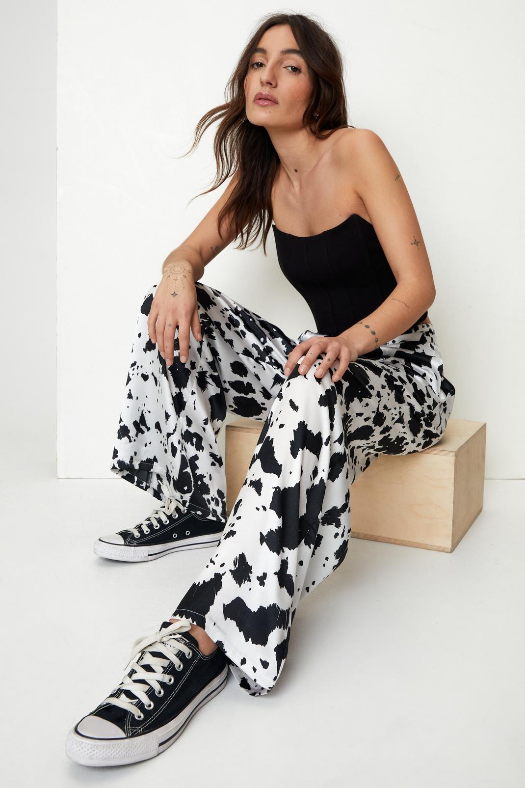 Petite Cow Print Satin Wide Leg Trousers image number 1