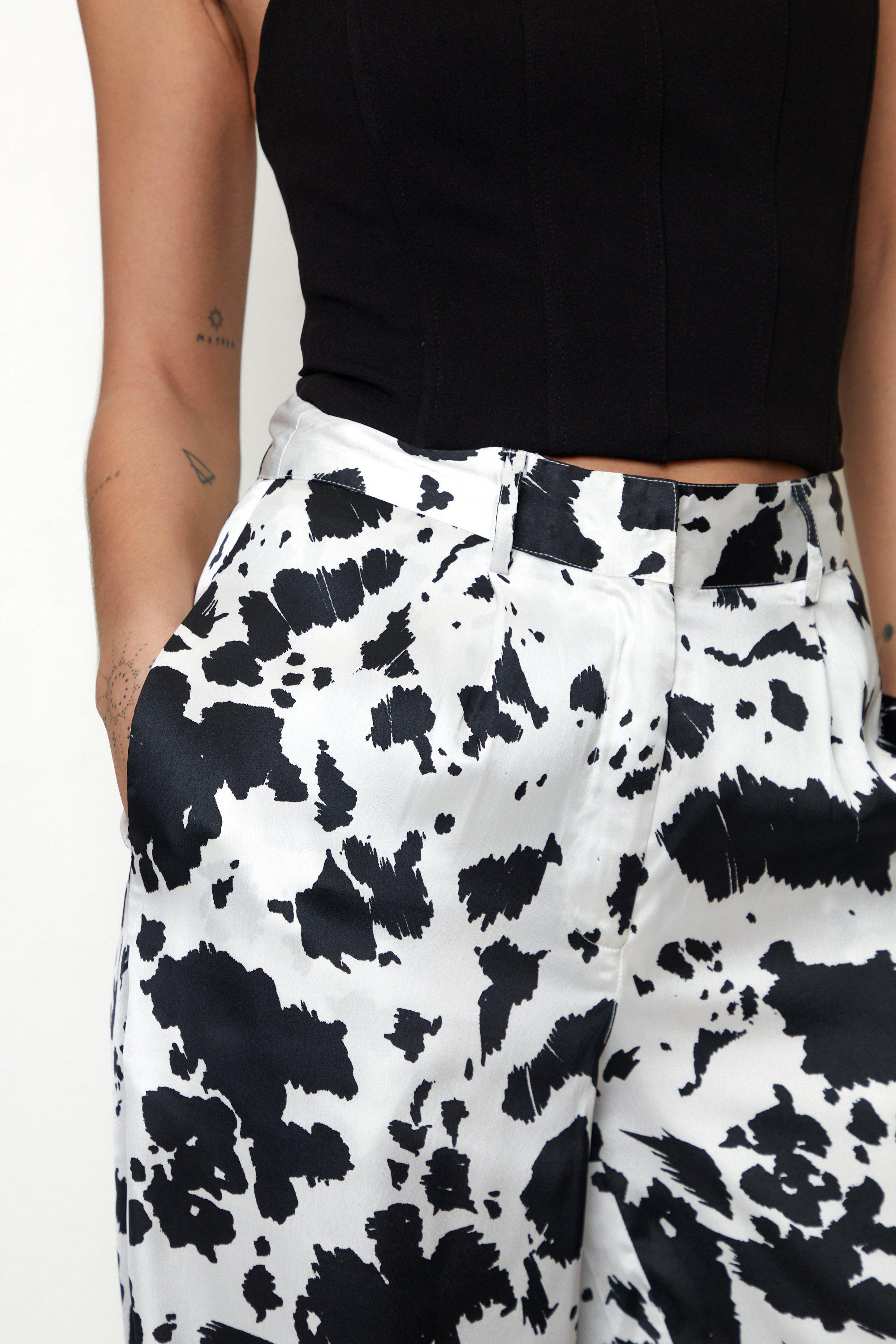 Petite Cow Print Satin Wide Leg Pants