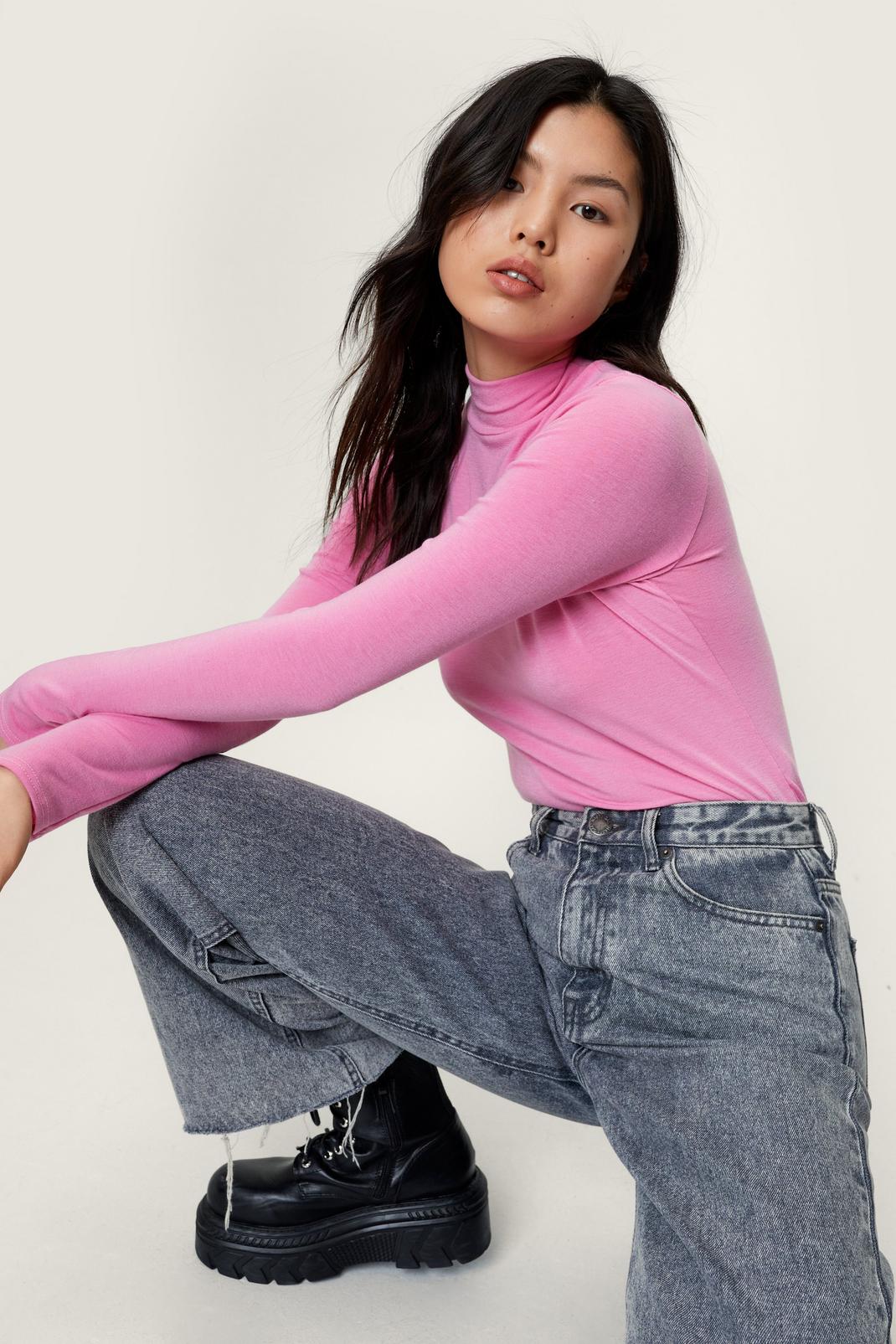 Pink Funnel Neck Long Sleeve Ribbed Top image number 1