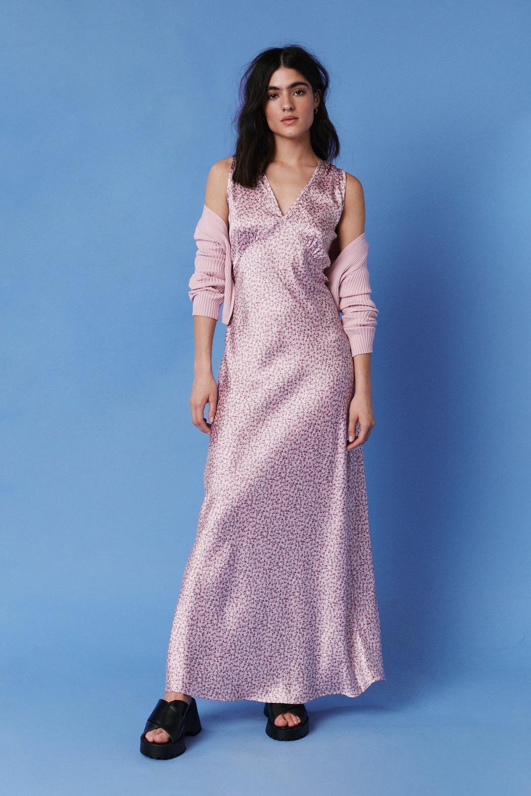 Pink Ditsy Floral Printed Satin Maxi Dress image number 1