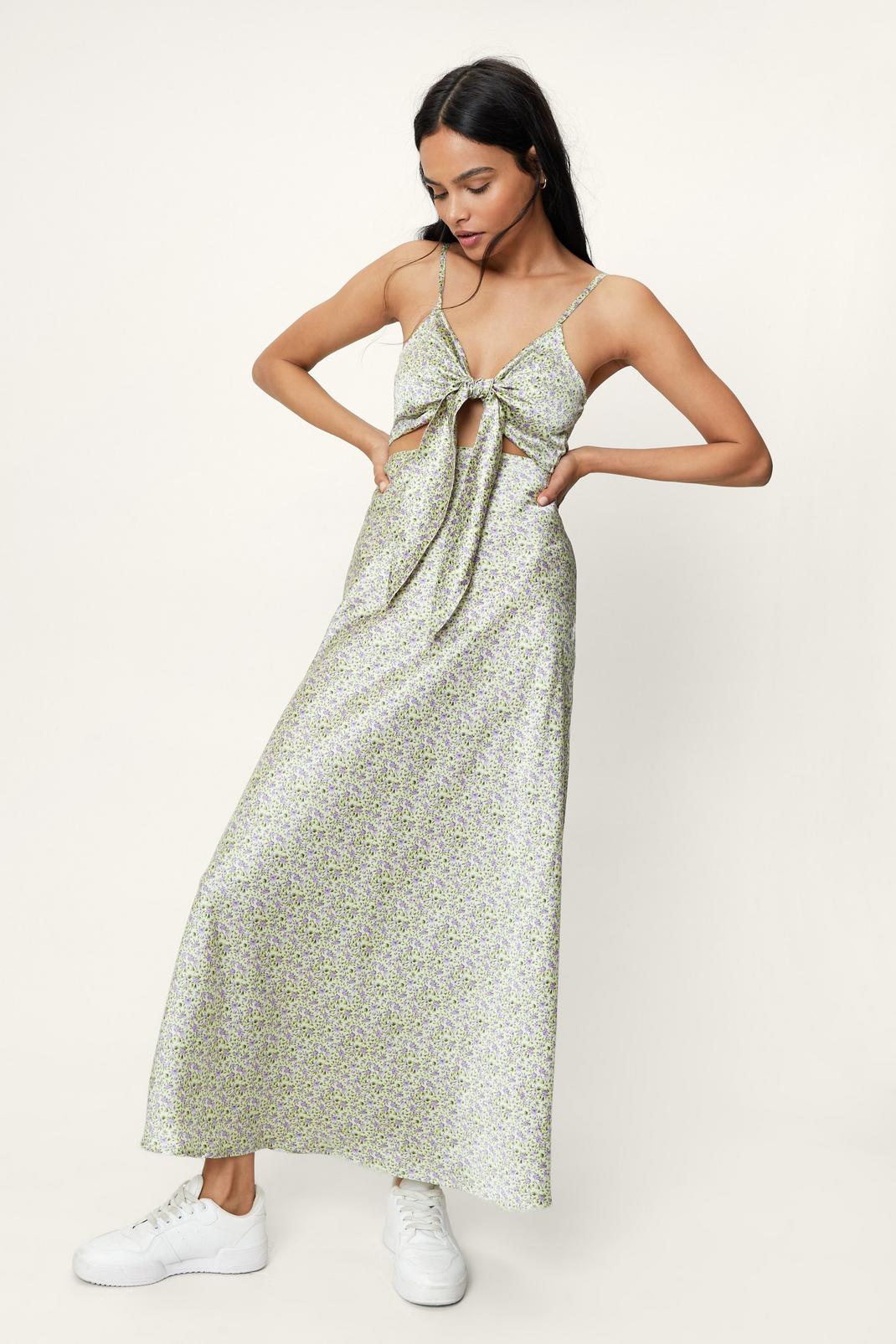 Green Ditsy Floral Print Satin Maxi Skirt image number 1