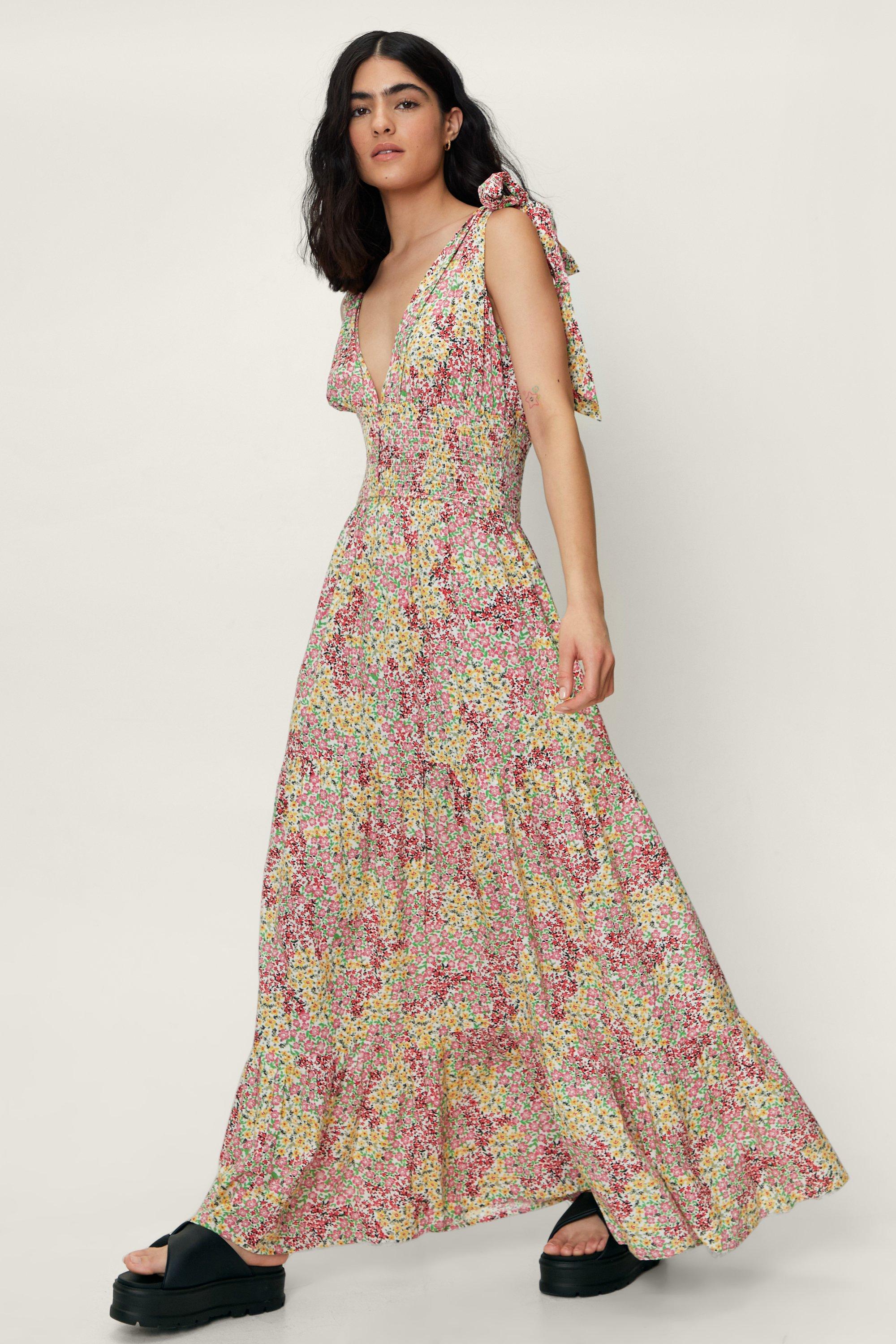 Floral Printed Tie Strap Maxi Dress