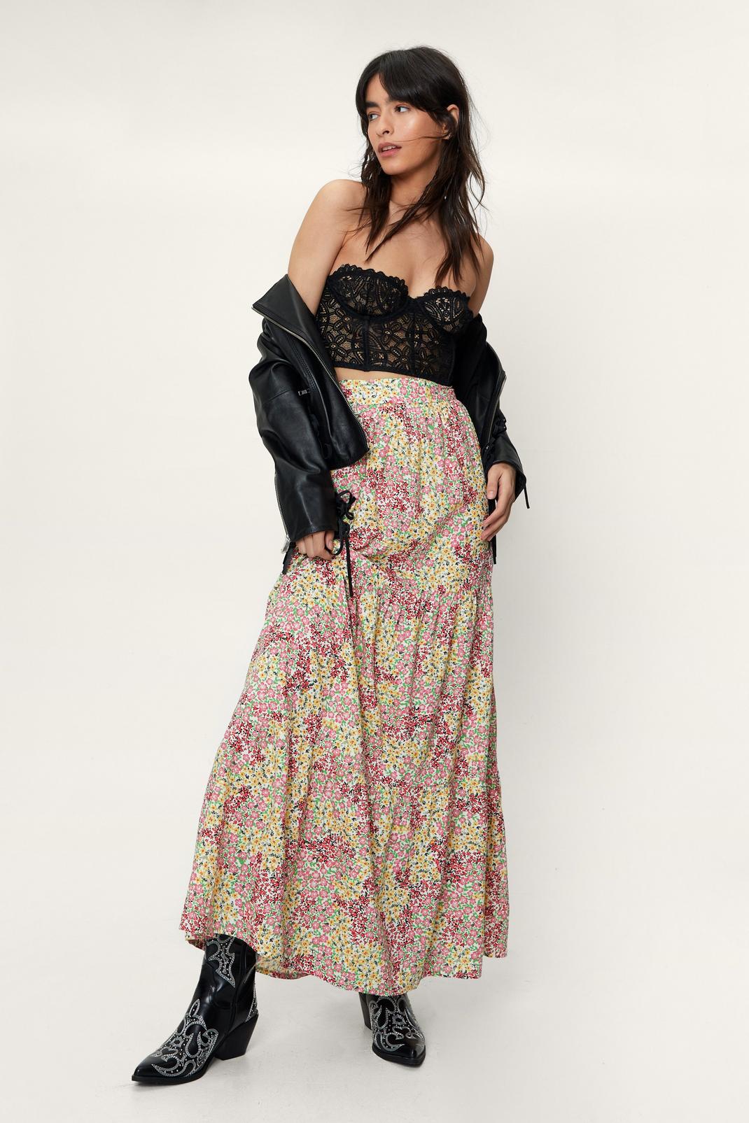 Pink Floral Printed Tiered Maxi Skirt image number 1