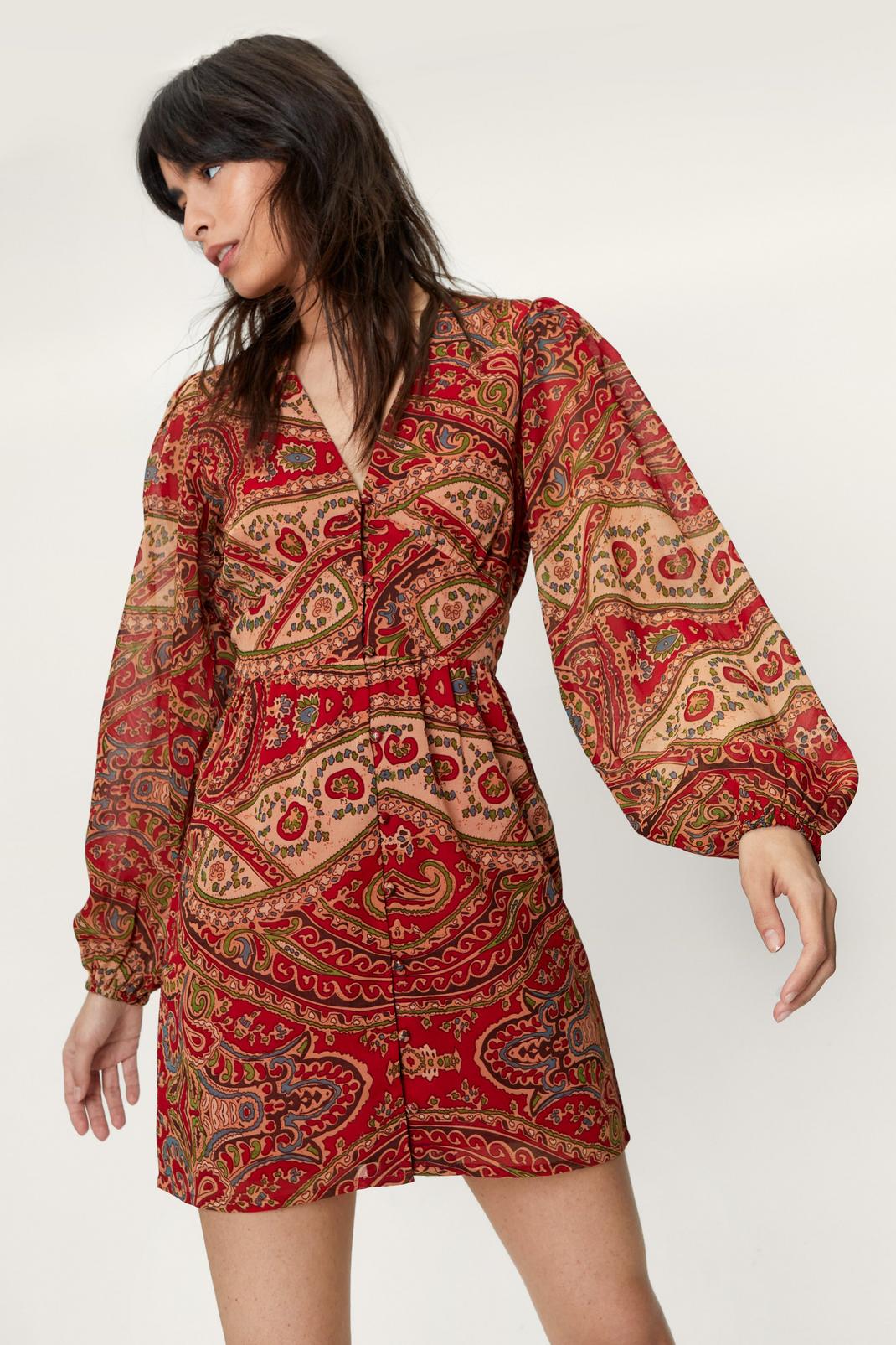 Paisley Printed Plunge Button Mini Dress image number 1