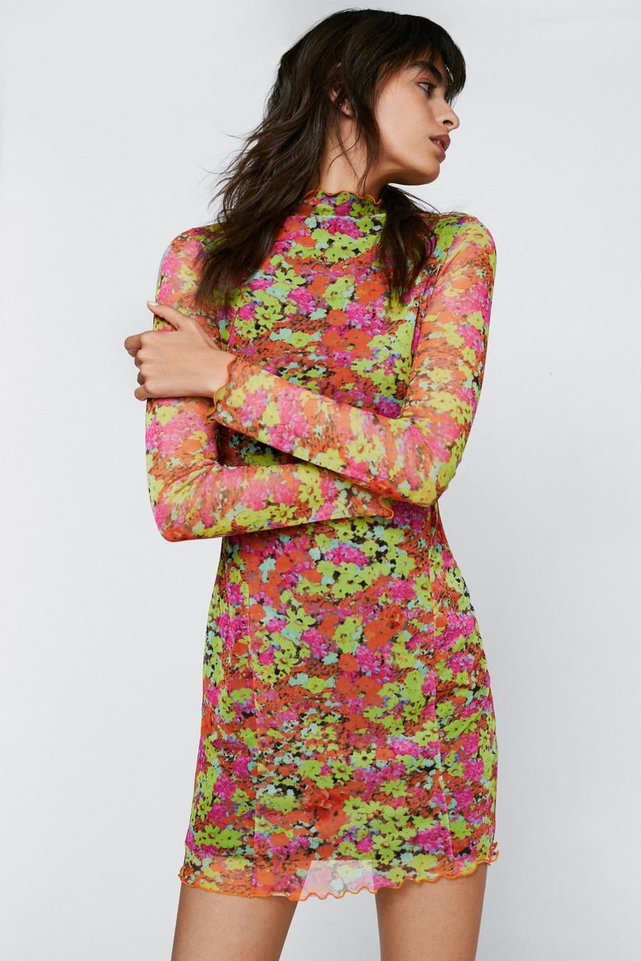 Vibrant Floral Print Bodycon Mesh Dress