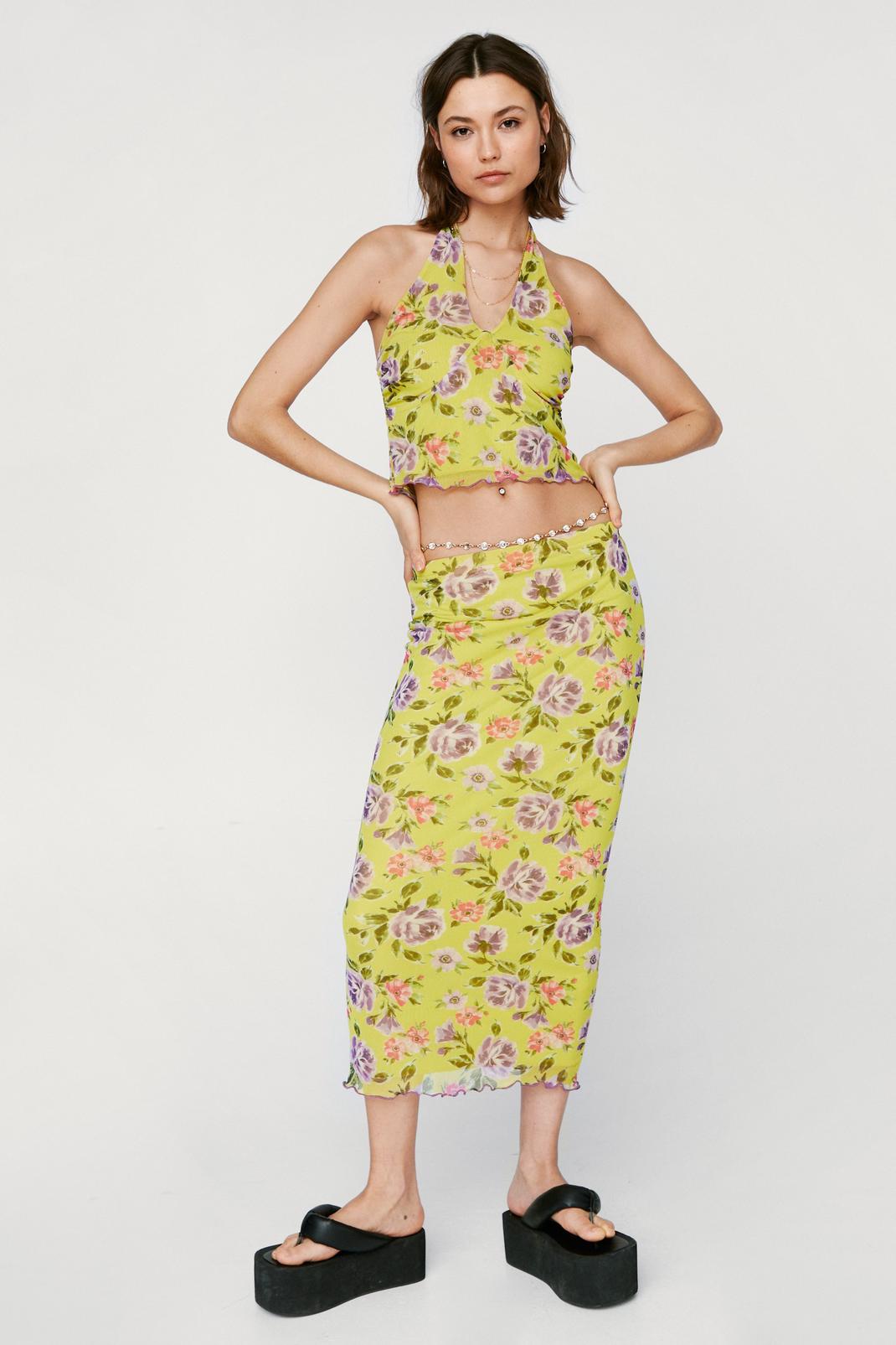 Chartreuse Graphic Floral Mesh Midi Tube Skirt image number 1