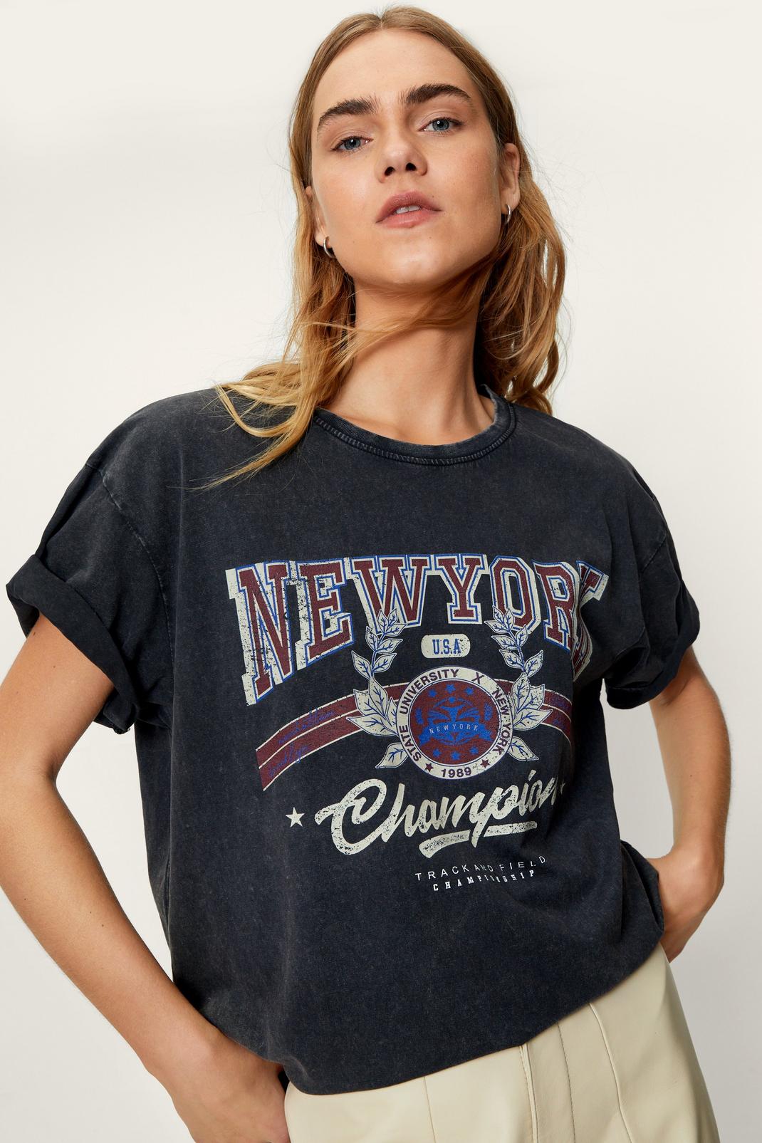 Charcoal New York Champion Acid Wash T-Shirt image number 1