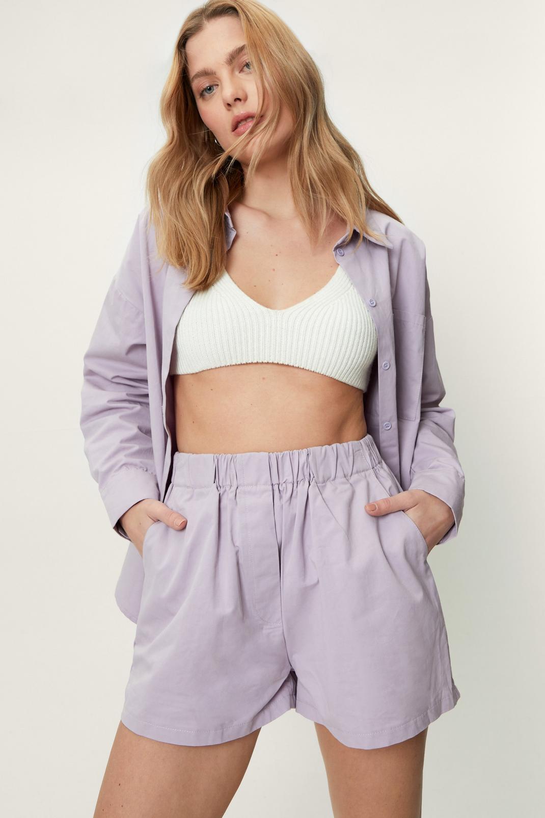 Lilac Poplin High Waisted Casual Shorts image number 1