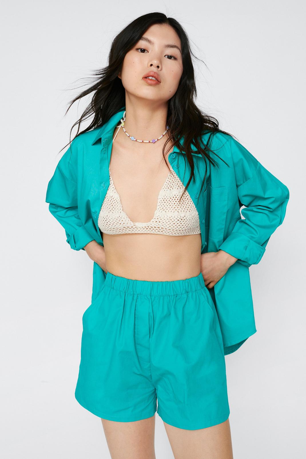 Turquoise Poplin High Waisted Casual Shorts image number 1