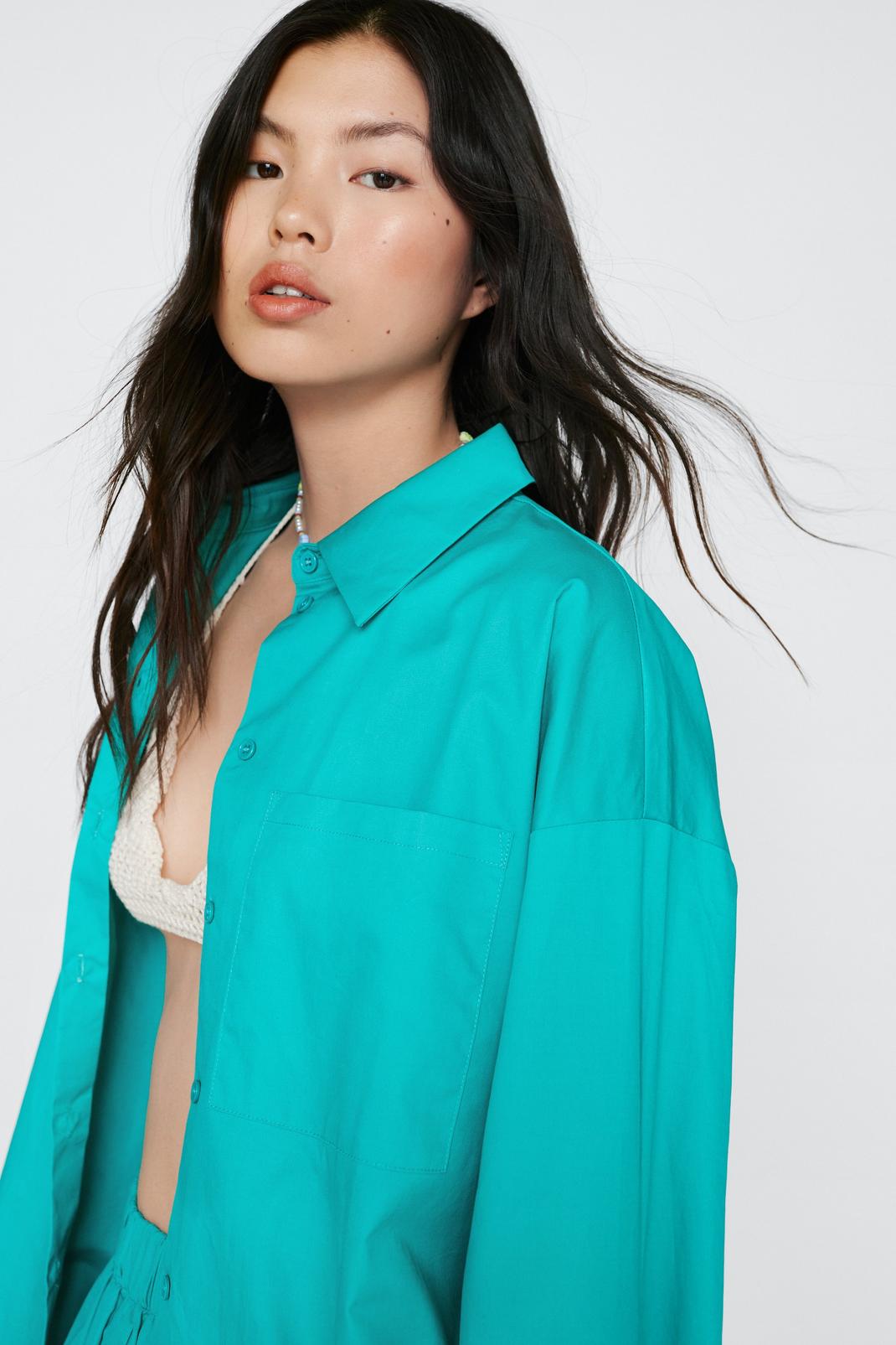 Turquoise Poplin Oversized Button Down Shirt image number 1