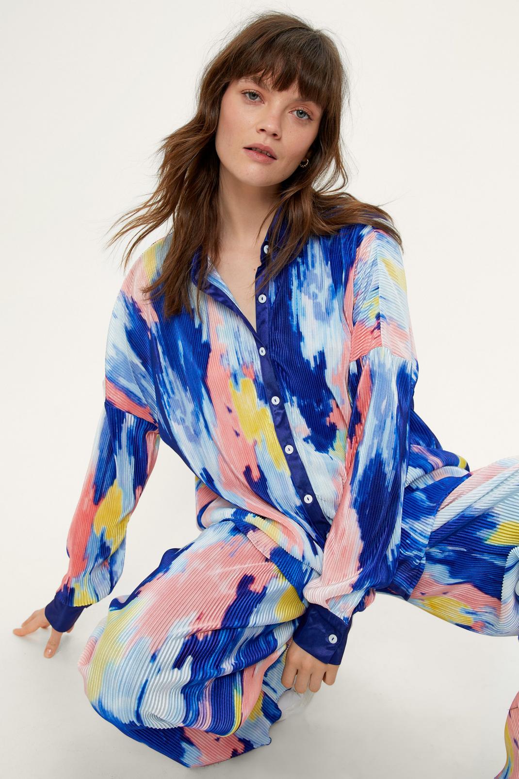 Cobalt Bright Abstract Plisse Oversized Shirt image number 1
