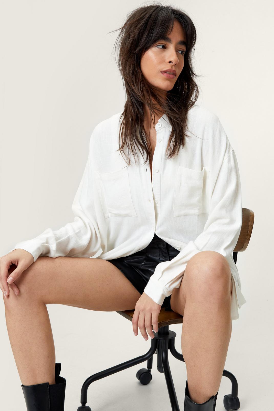 White Oversized Button Down Linen Shirt image number 1