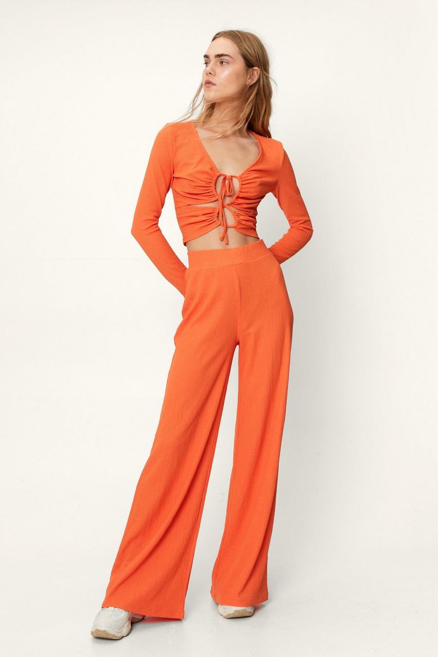 Texture Wide Leg High Waisted Trousers