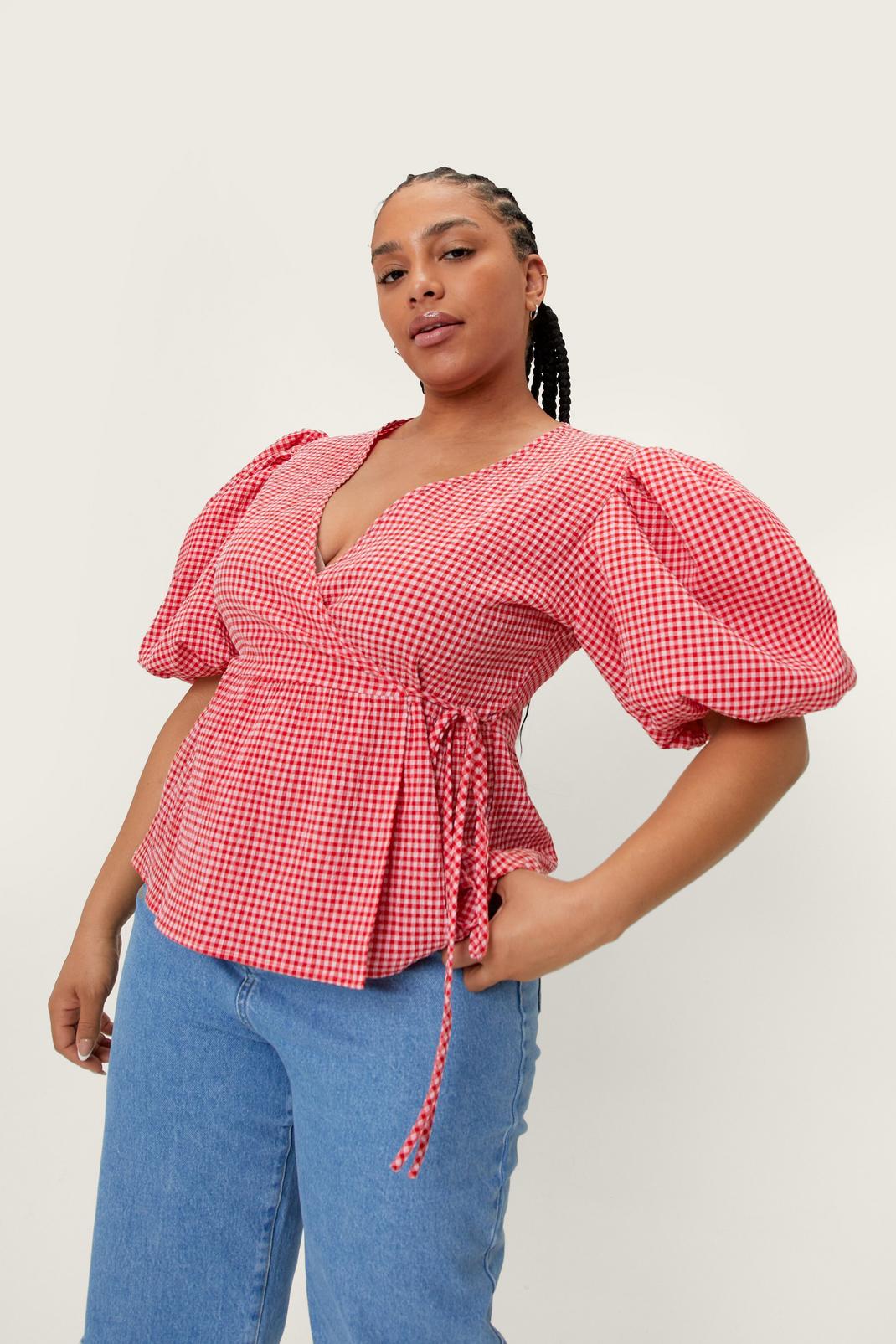 Red Plus Size Gingham Print Wrap Top image number 1