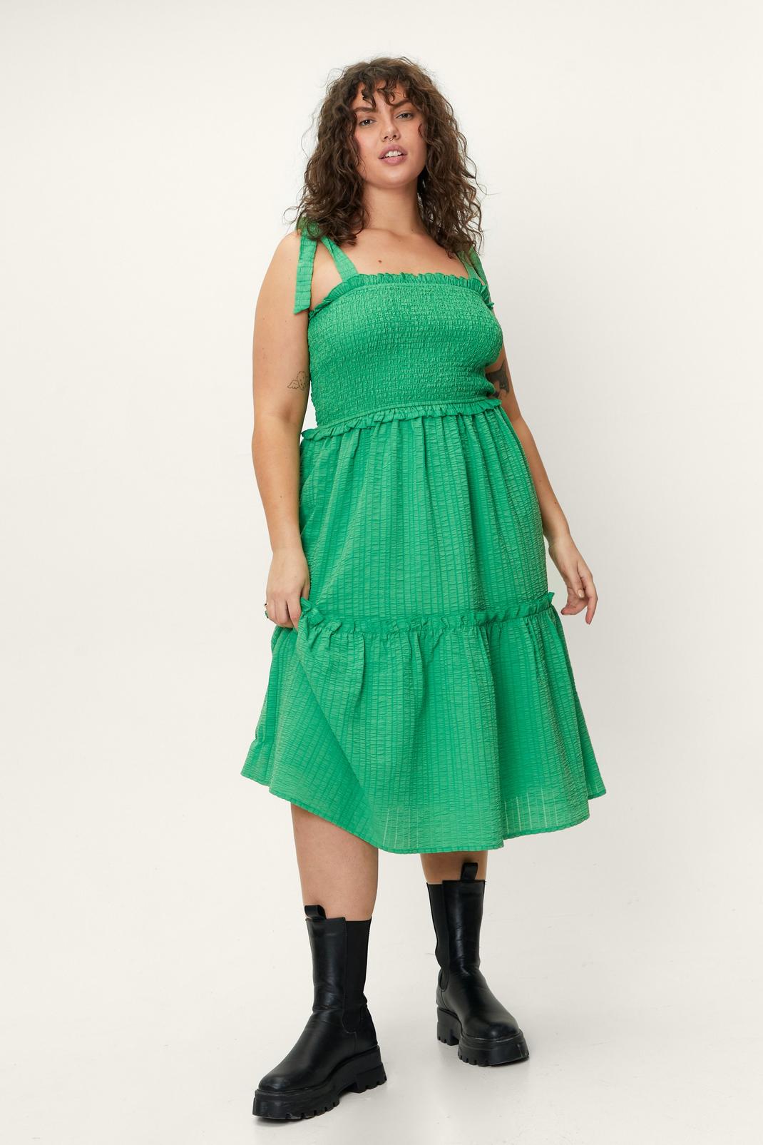 Apple green Plus Size Shirred Tie Shoulder Midi Dress image number 1