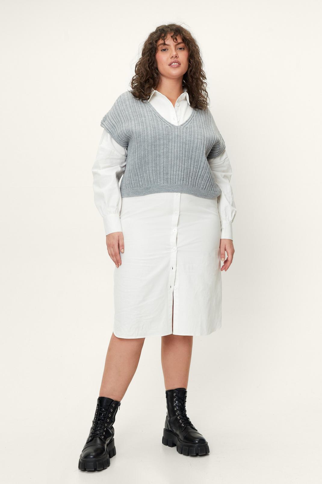 White Plus Size Button Down Midi Shirt Dress image number 1