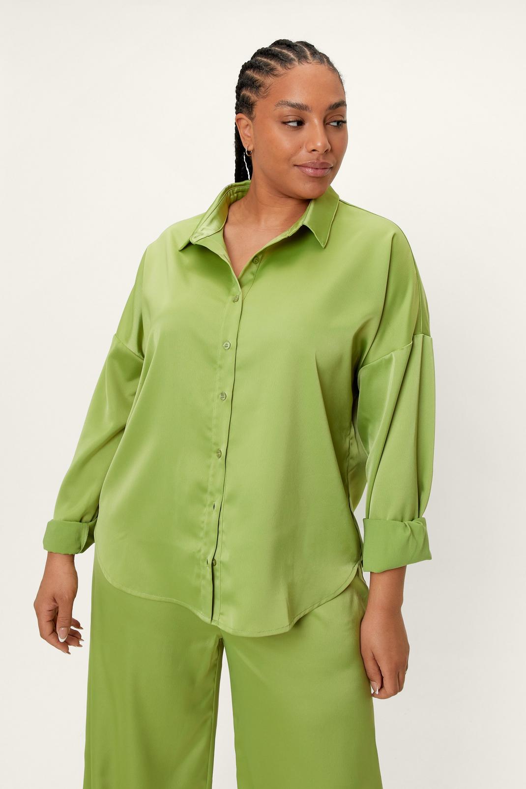 Apple green Plus Size Satin Oversized Collared Shirt image number 1