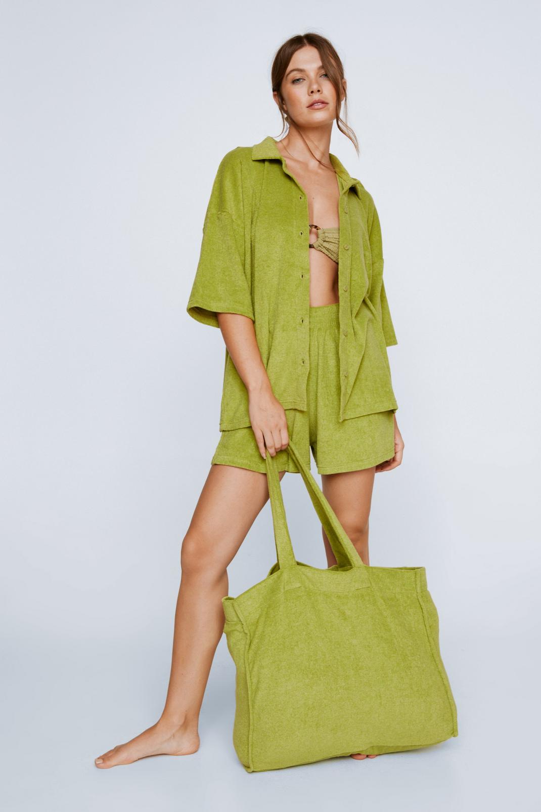Olive Towelling Shirt and Shorts 4 Piece Cover Up Set image number 1