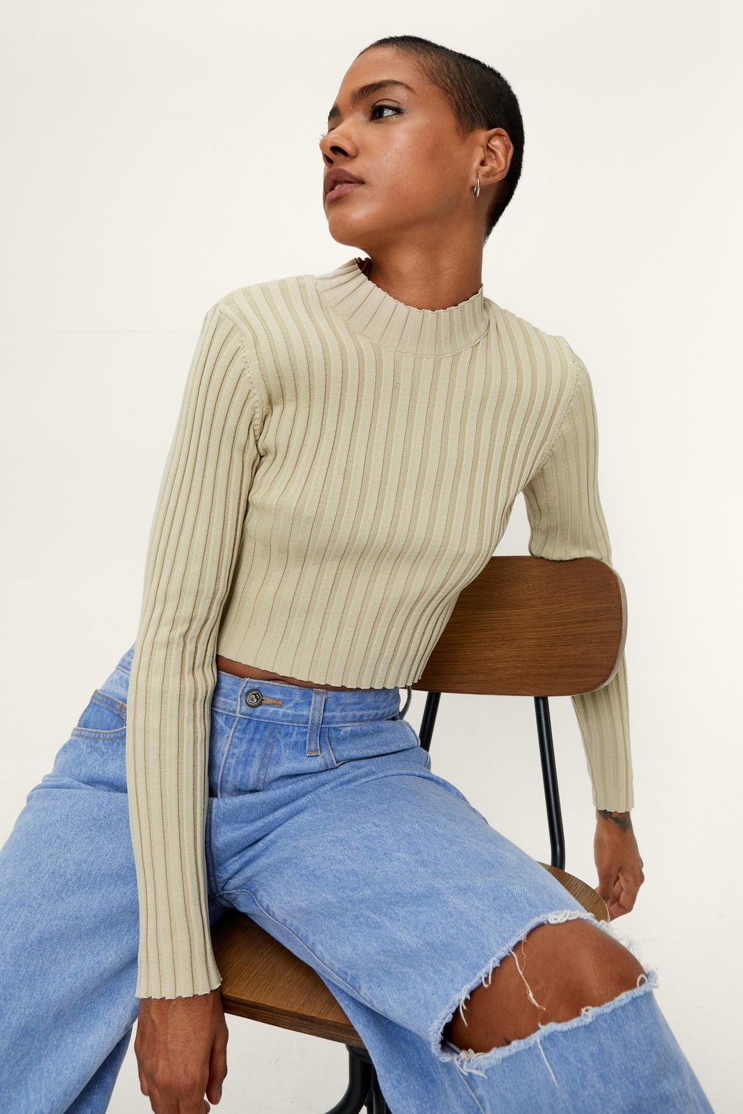 Oatmeal Ribbed Knitted Crew Neck Cropped Jumper image number 1