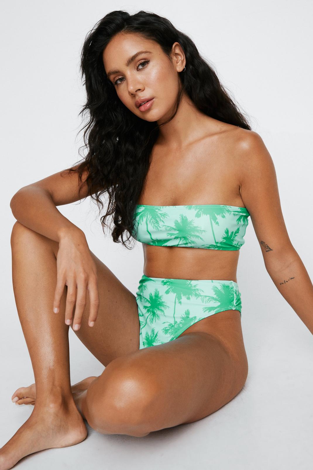 Green Recycled Palm Tree Bandeau Bikini Set image number 1