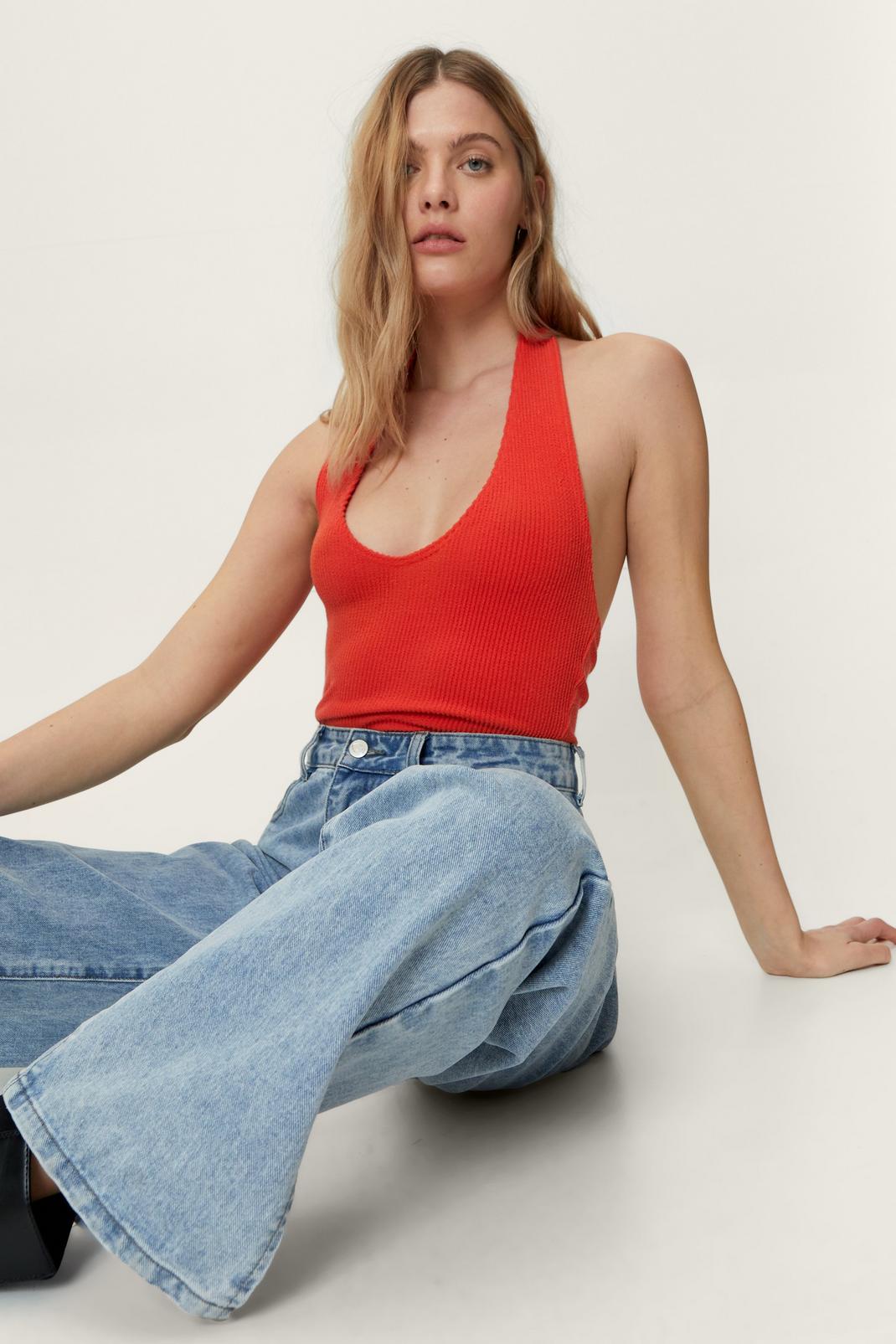 Red Recycled Ribbed Halter Neck Crop Top image number 1