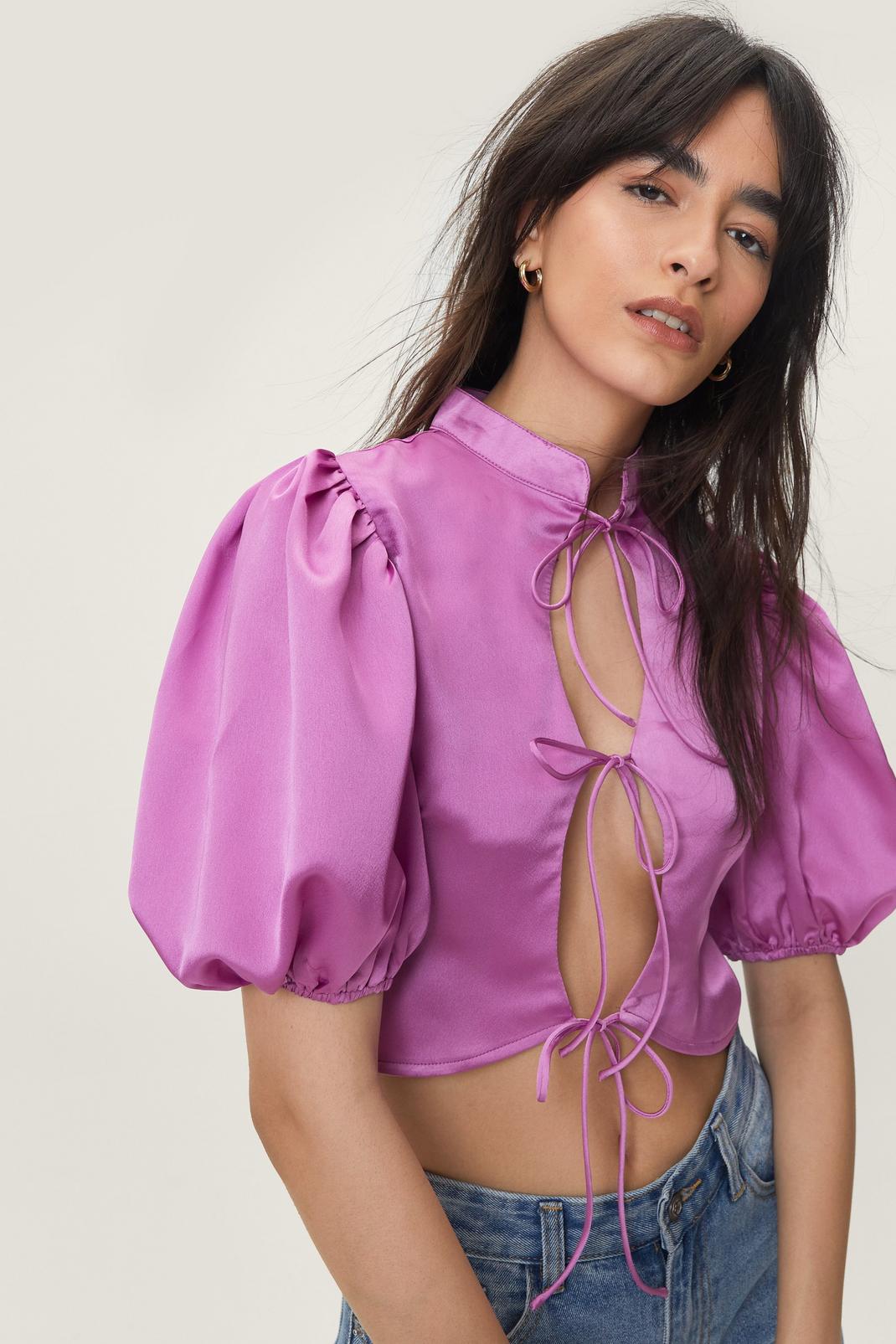 Tie Front Collared Blouse, Pink image number 1