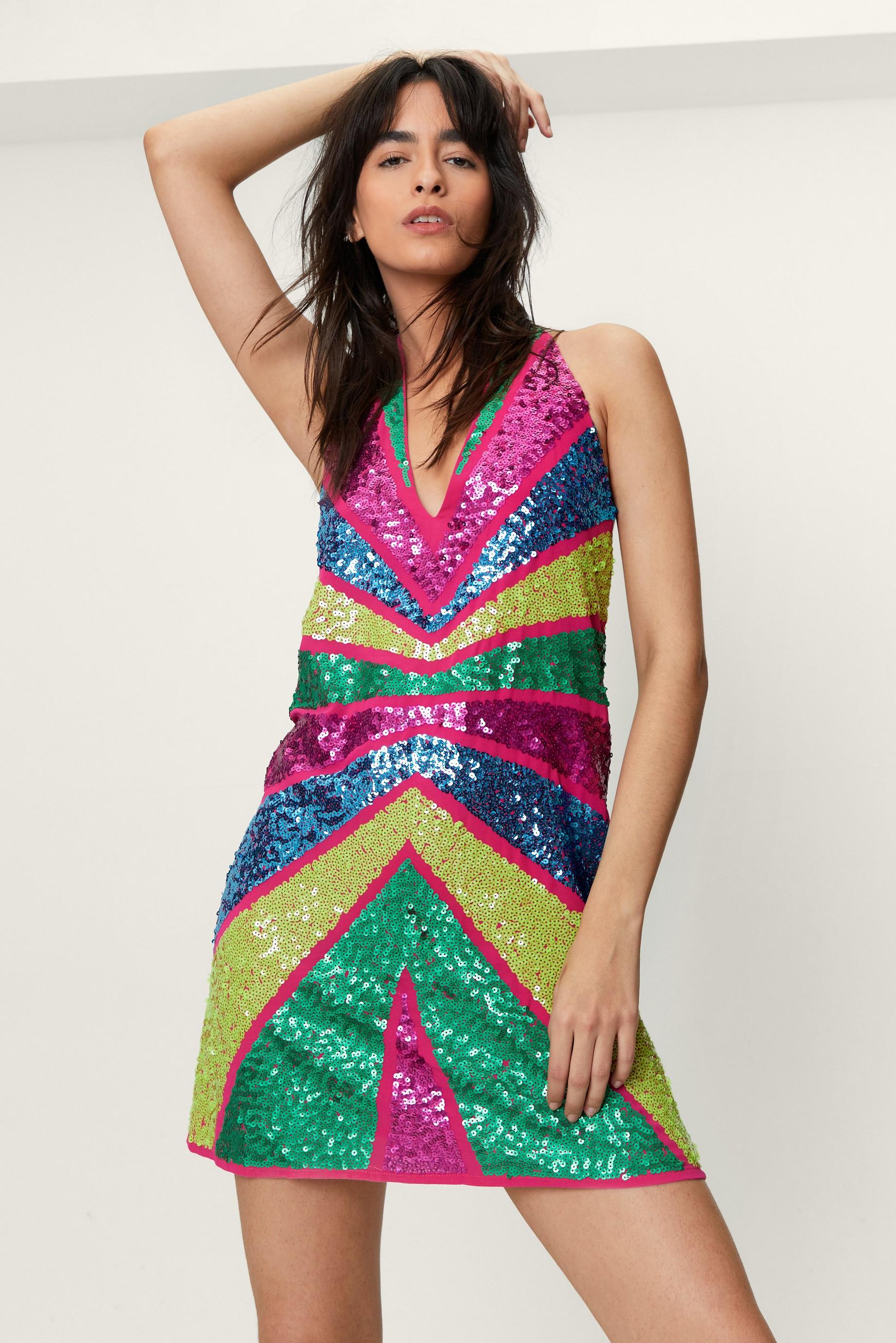 Sequin Colorblock Plunge Mini Dress
