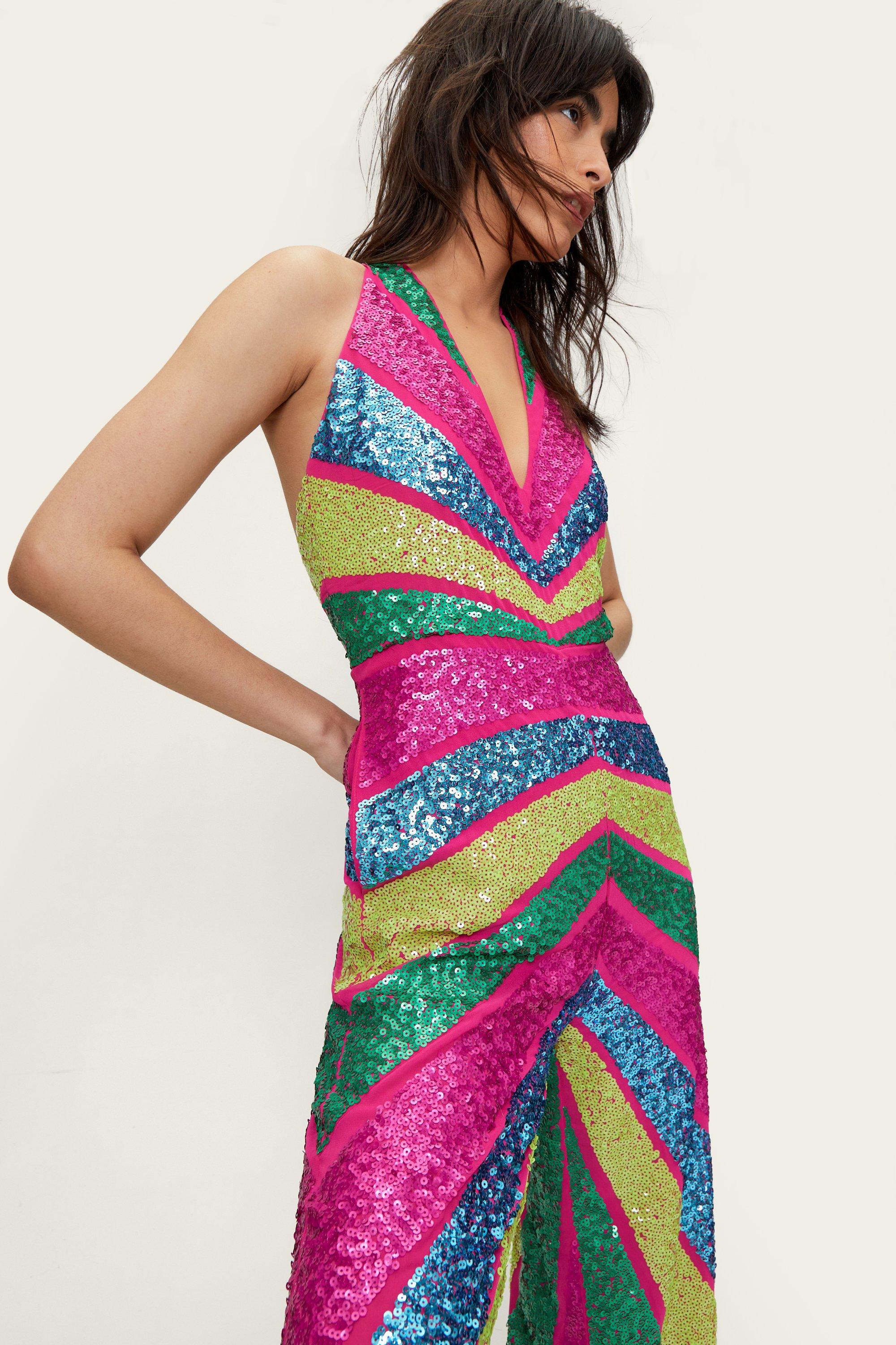 Sequin Color Block Plunge Wide Leg Jumpsuit | Nasty Gal