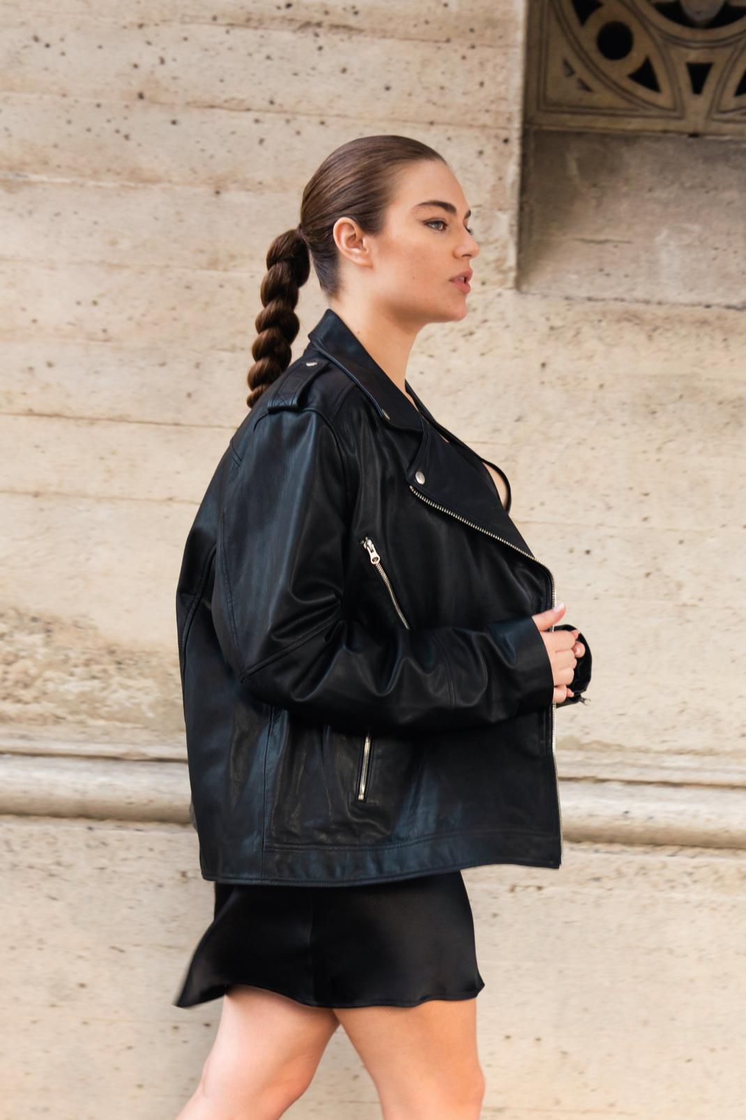 Black Plus Size Real Leather Oversized Biker Jacket image number 1