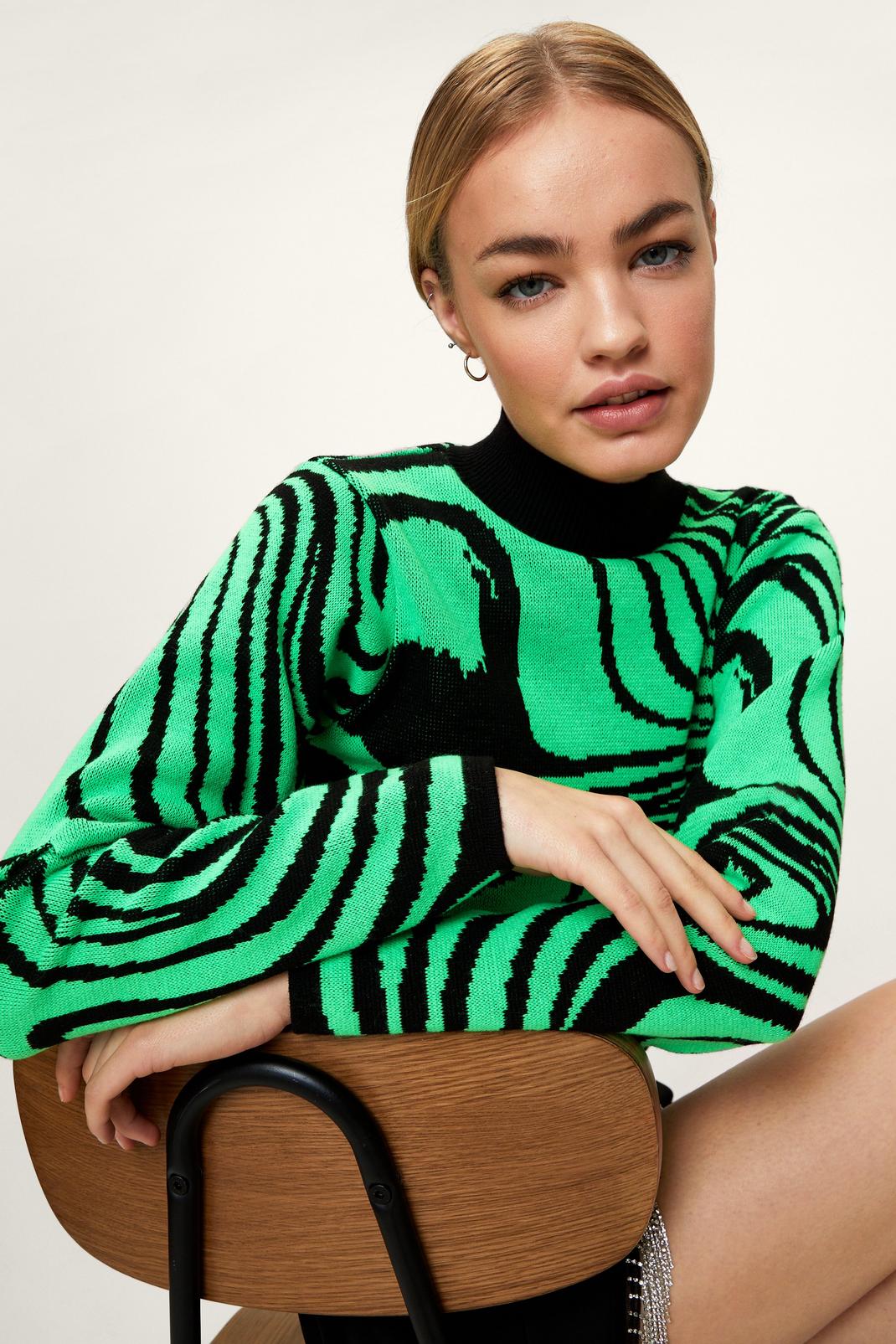 Bright green Funnel Neck Swirl Knitted Sweater image number 1
