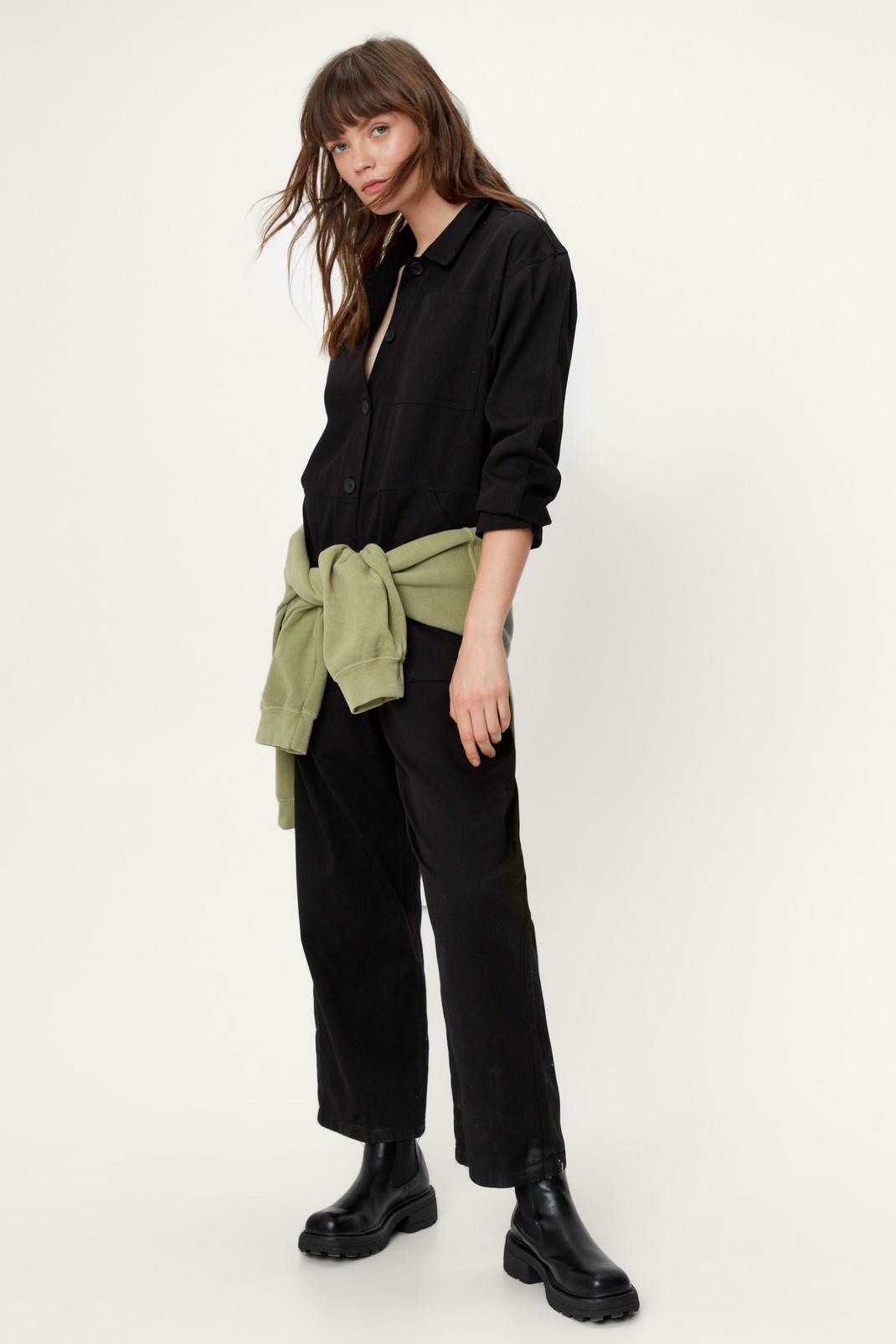 Black Loose Button Down Ankle Grazer Boilersuit image number 1
