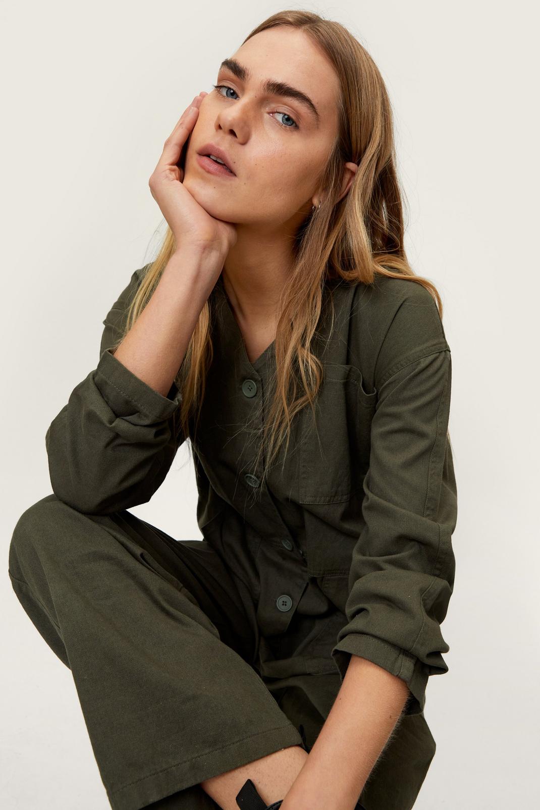 Olive Button Down Relaxed Boilersuit image number 1