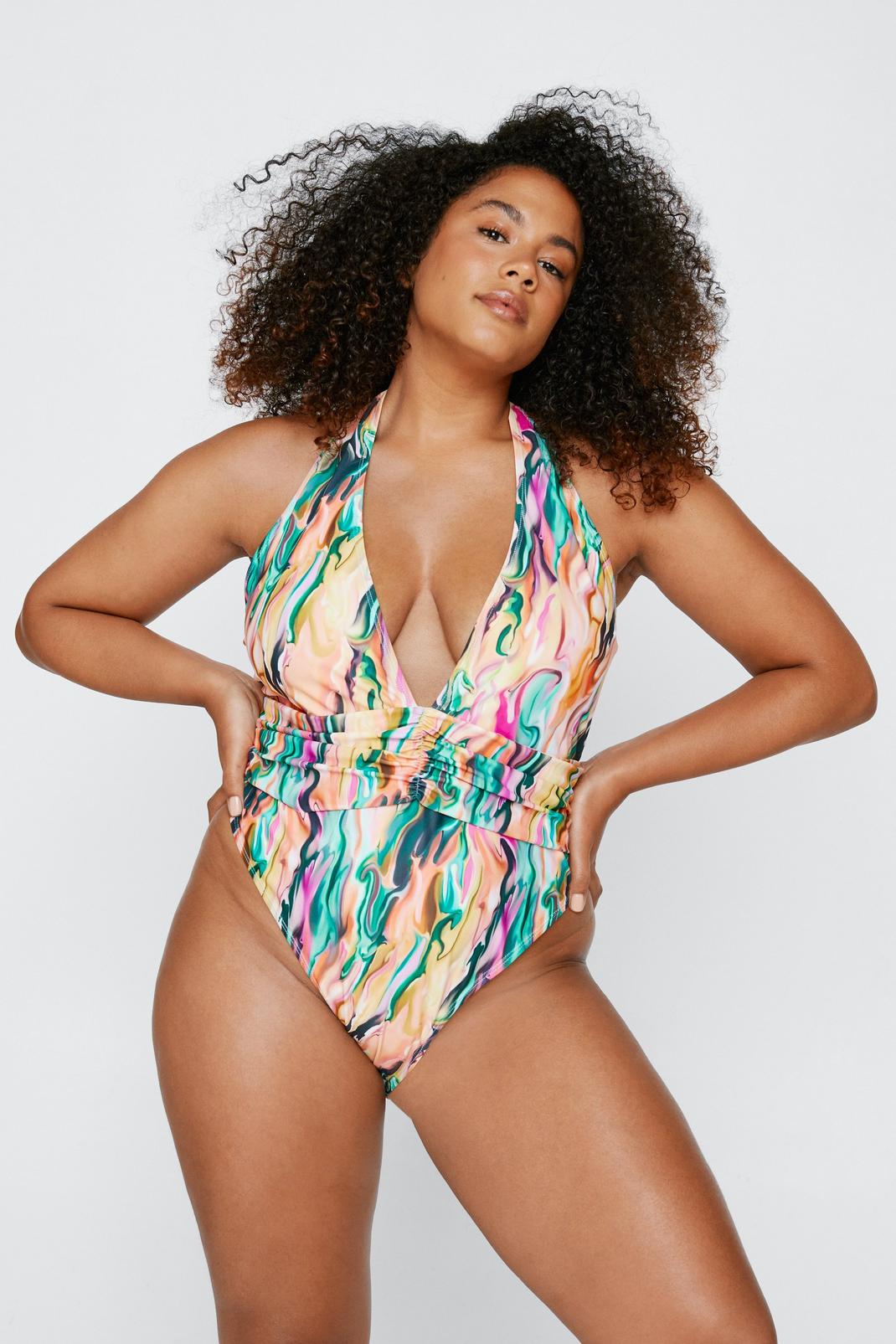 Green Plus Size Marble Print Swimsuit image number 1
